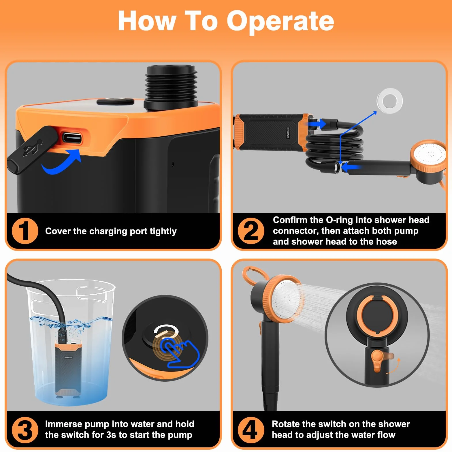 Uplayteck Douche Camping, 8000mAh Kit Douche de Camping Portable avec Écran LED Intelligent et Indice d'étanchéité IPX8, USB Rechargeable Pomme de Douche pour Extérieure, Voyage, Animaux, Randonnée
