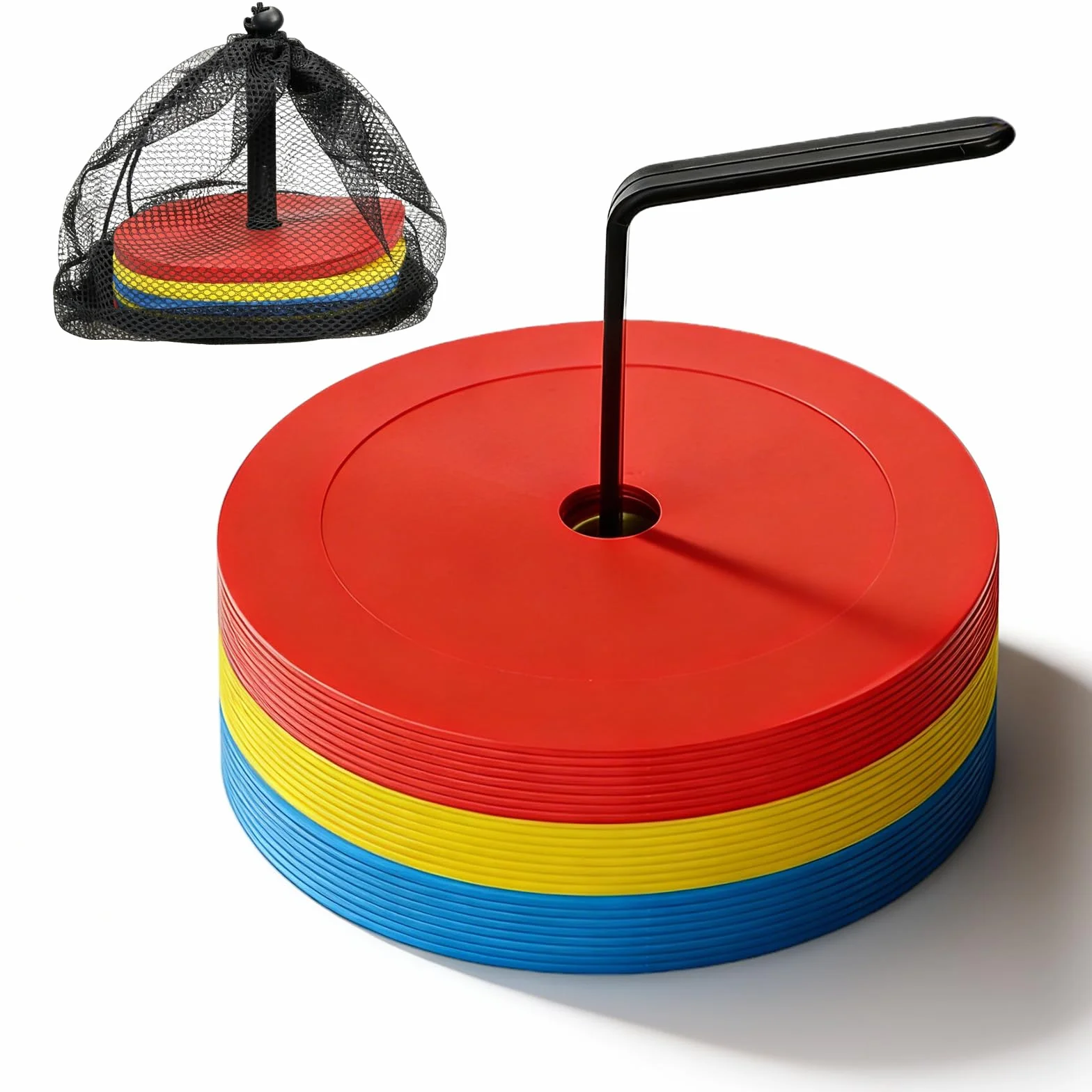 PORFOYO Lot de 24 disques de marquage antidérapants, marqueur de terrain de jeu, marqueur d'entraînement avec support et sac en filet, idéal pour le hockey, le patinage, le football, le handball