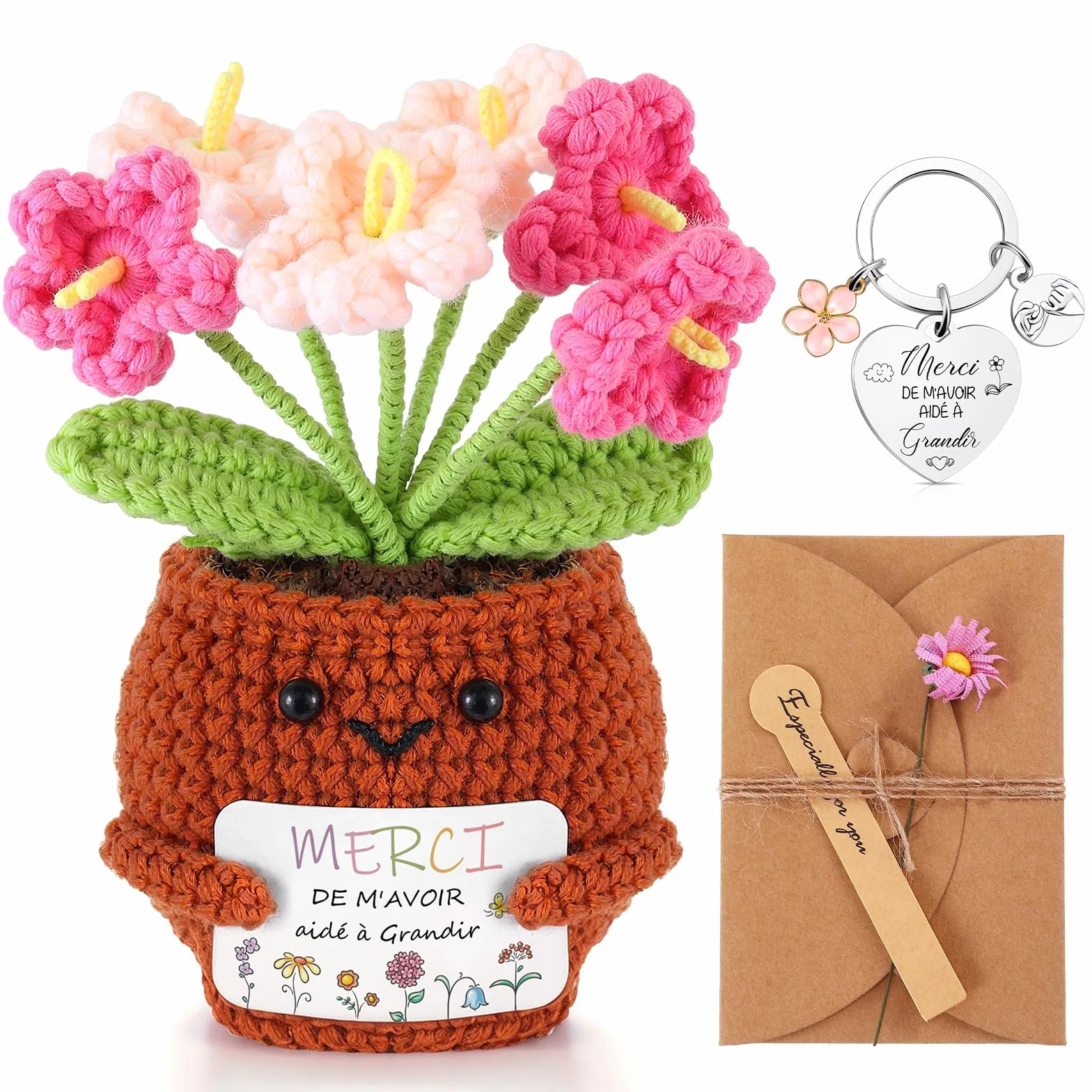 Hicarer 3 Pièces Poupée au Crochet Fait-Main Porte-Clés Carte de Vœux avec Marguerite Cadeau Merci Enseignant Fin d'Année