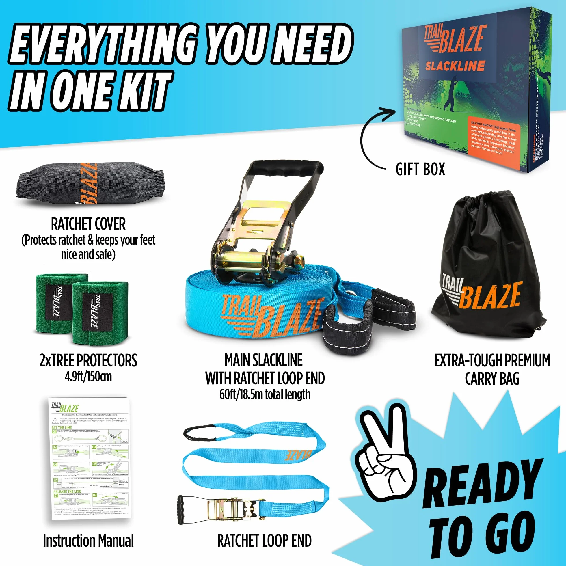 Premium Slackline Kit - Slackline Set 15 m avec Protecteurs d’Arbre Couvertures à Cliquet + Sac de Transport - Parfait Activité Fun en Plein air pour Les Enfants et la Famille