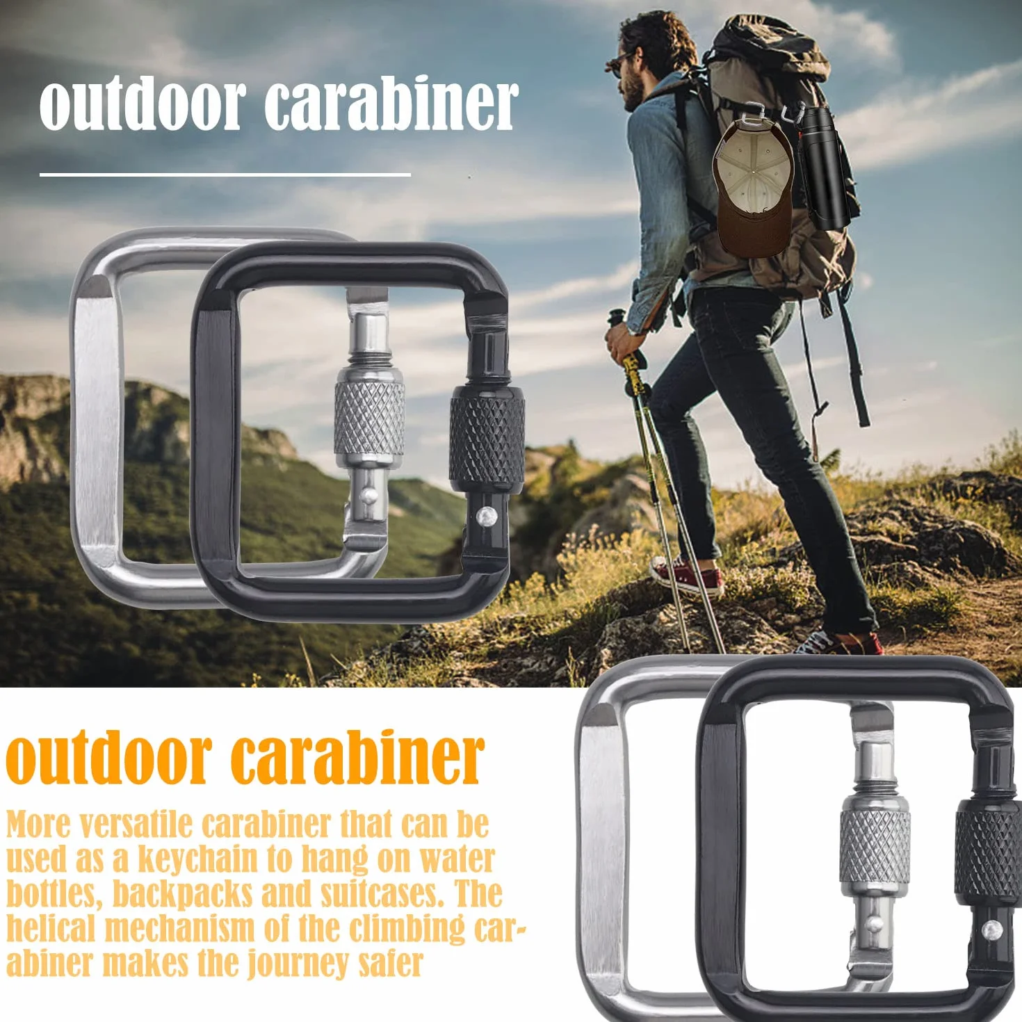 4 PCS Mousqueton, Mousqueton Aluminium, Mousqueton Escalade avec Bouchon à Vis, pour l'extérieur, Camping, Randonnée, Voyages, Pêche, Sac Dos(Argent, Noir)