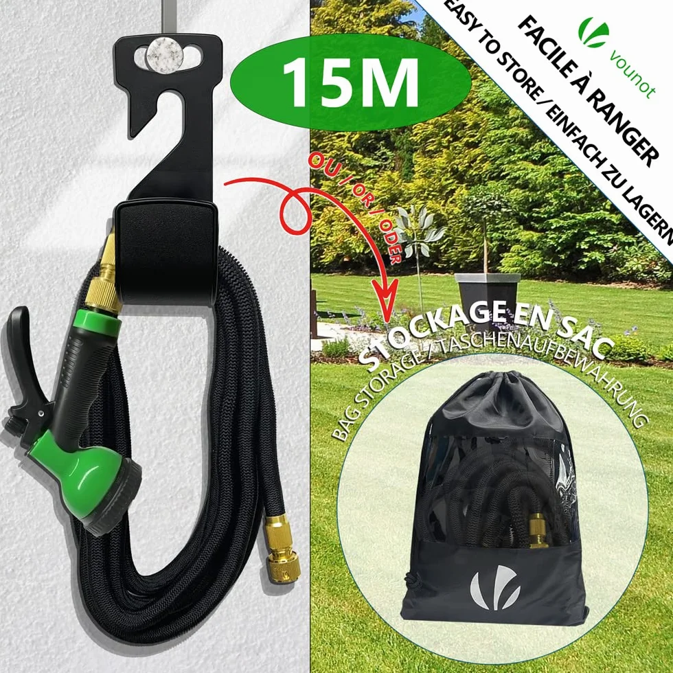 VOUNOT Tuyau d'Arrosage Extensible 15m Renforcé 1/2" 3/4" 10 Modes de Pulvérisation Flexible Anti-Fuite Noir