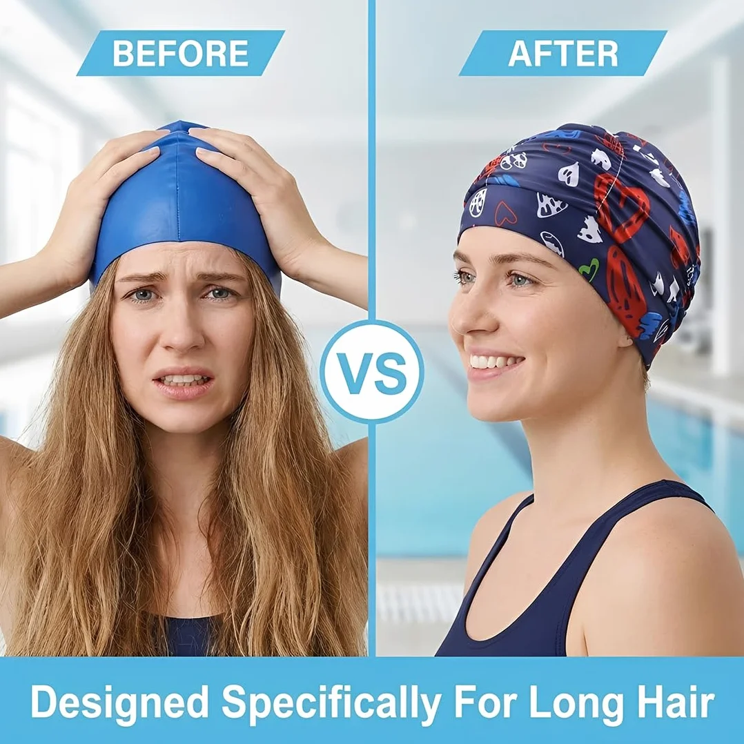 Bonnet de Bain Nylon à Motifs Cœurs, Fond Bleu Marine, 1 Pièce