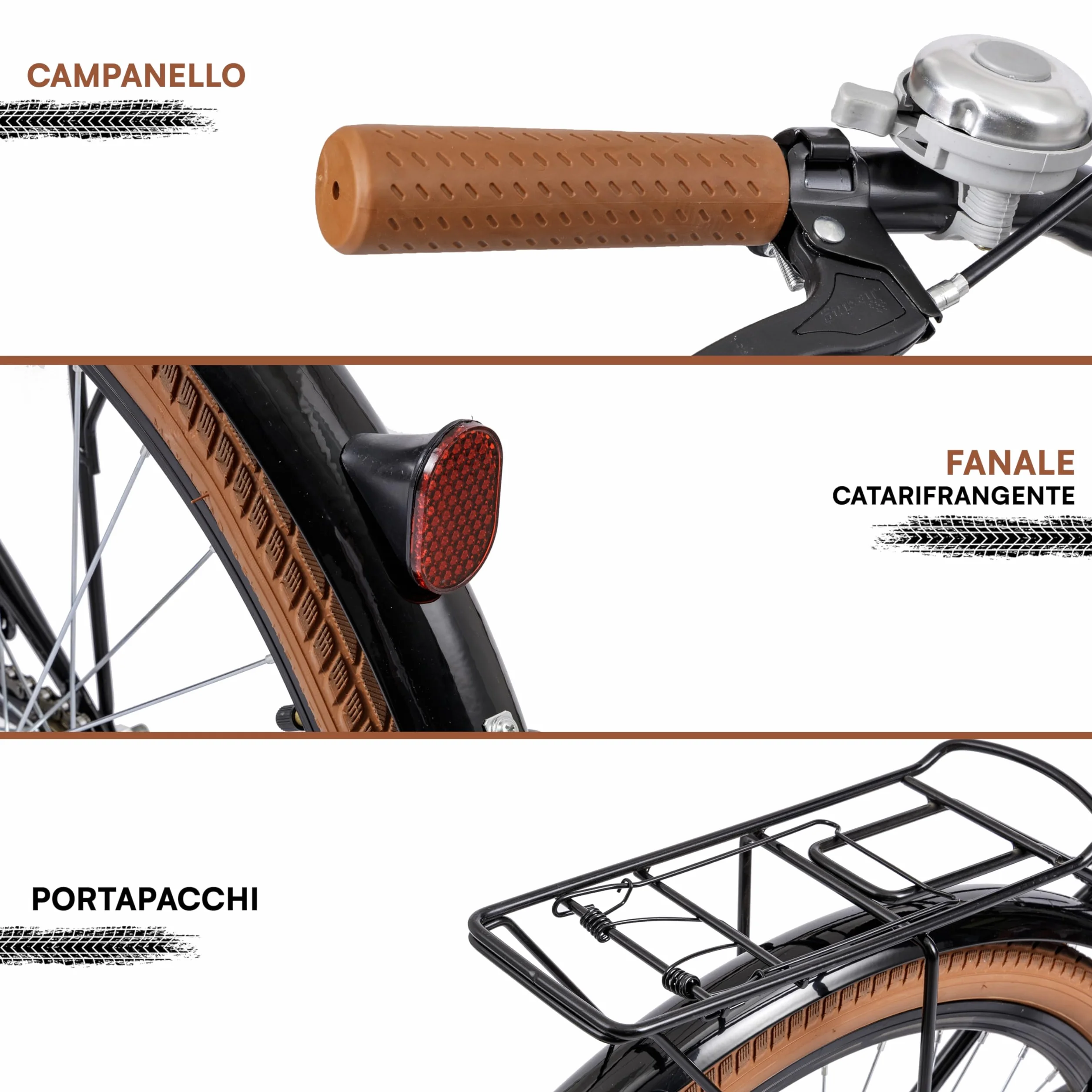 Baroni Home Vélo de marche pour homme et femme, avec sonnette, guidon et selle réglable, vélo avec double frein avant et arrière, vélo de ville, noir et marron, 168 x 90 cm