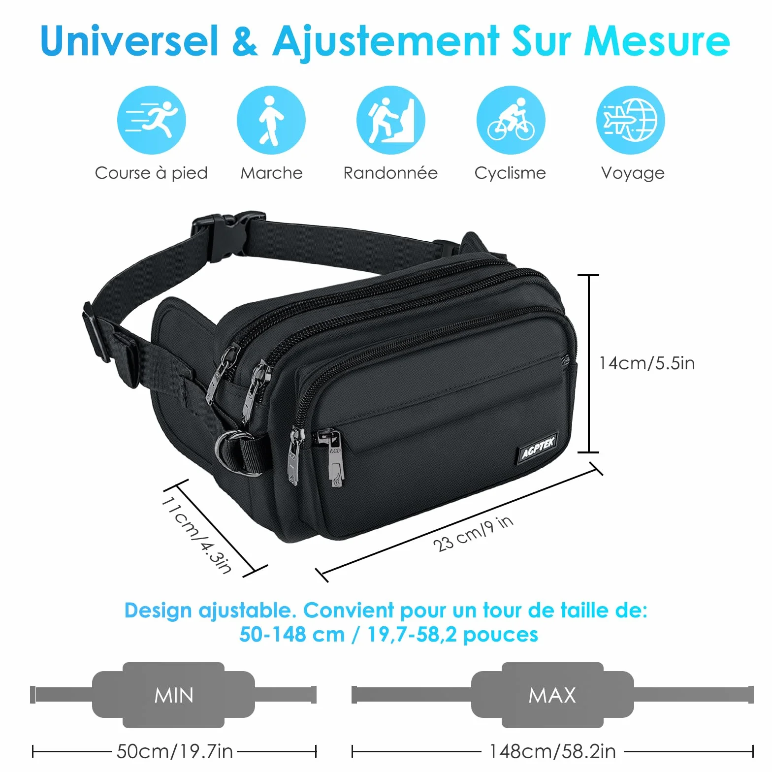 AGPTEK Sac Banane Ceinture de Course Homme Femme Outdoor Sport, Sac Sacoche Banane Capacité Grande avec Multiples Poches et Ceinture Réglable pour Voyage, Randonnée,Escalade, Jogging, Randonnée