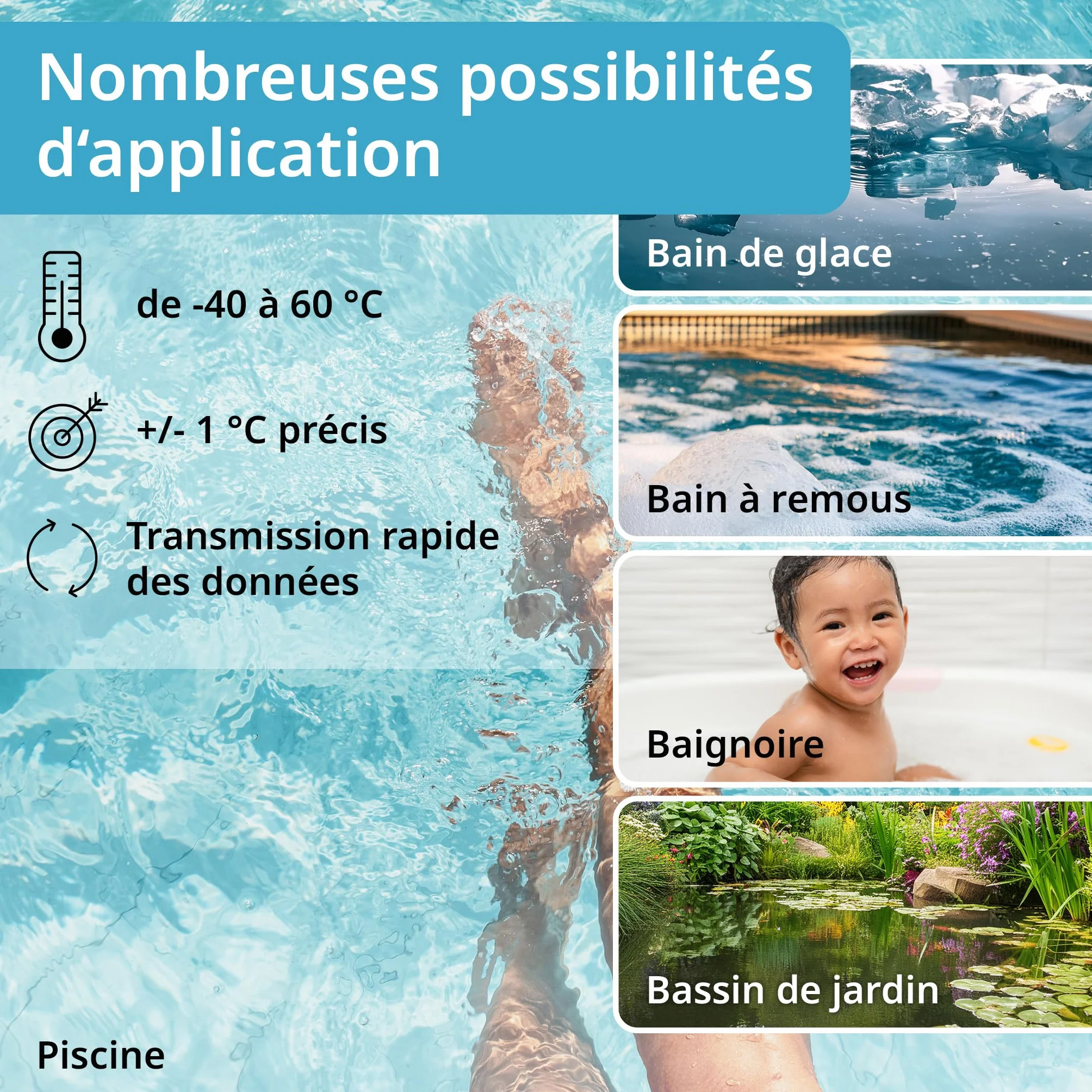 ADE Thermomètre piscine sans fil étanche IP67 avec capteur extérieur température eau air
