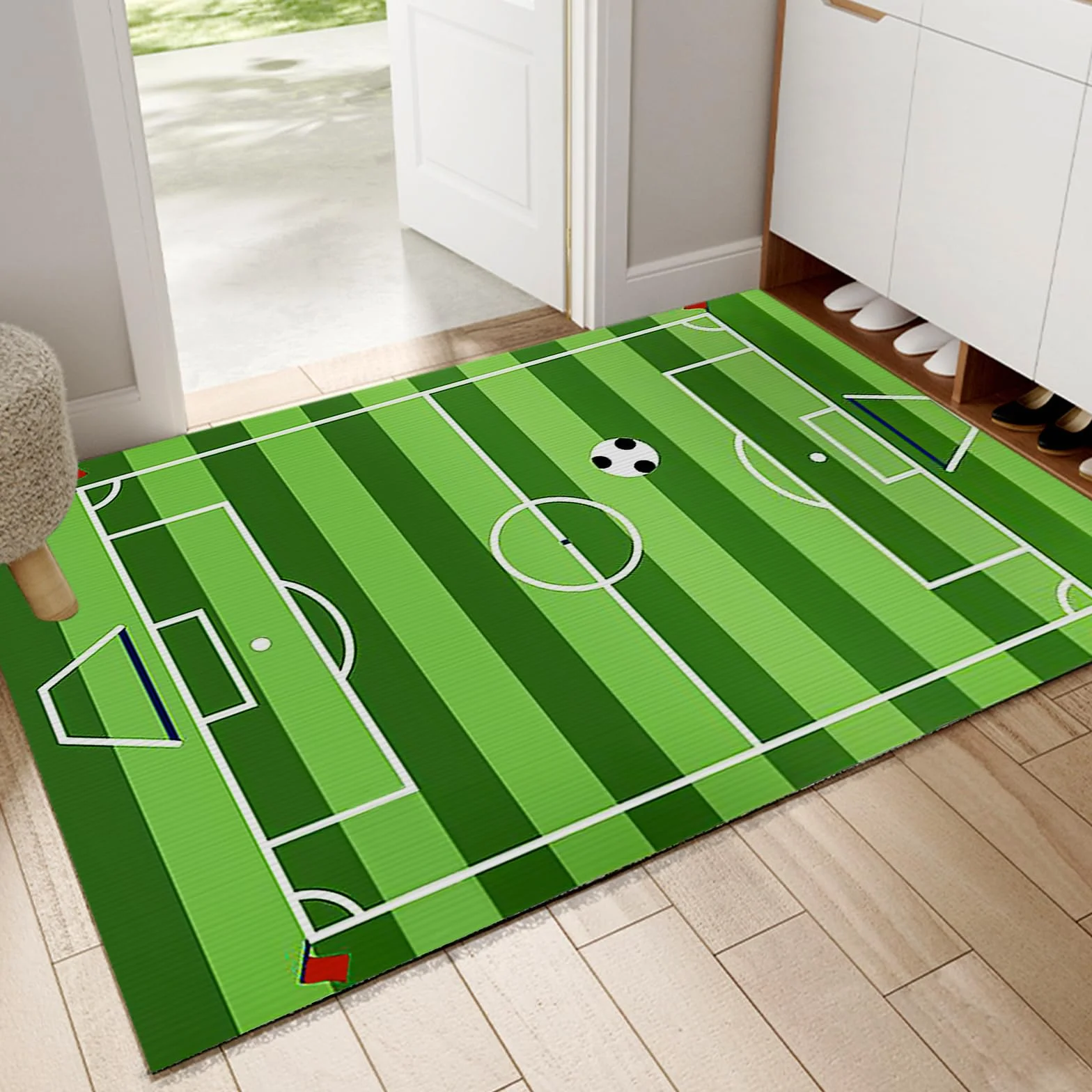 Tapis Chambre Enfant 80x120 CM Football Lavable Anti Derapant Vert