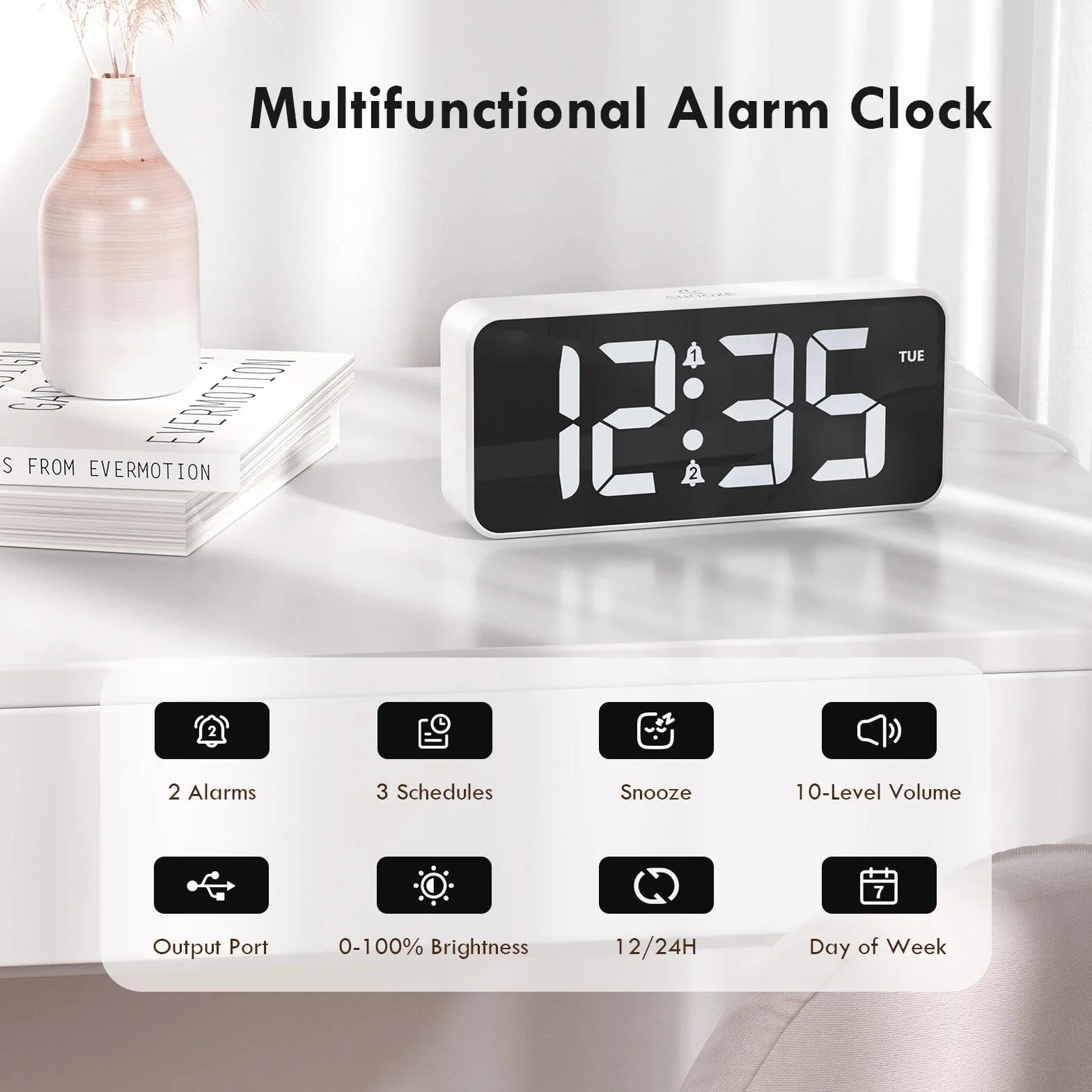 Réveil Numérique avec Grand écran LED, Double Alarme, Snooze, 10 Sonneries, Luminosité et Volume Réglables, 12/24H
