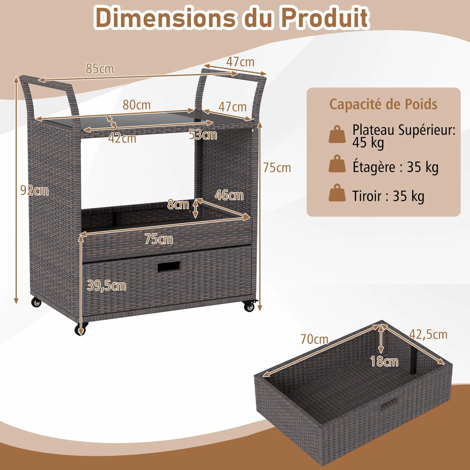 COSTWAY Chariot de Bar Extérieur en Osier avec Plateau en Verre Trempé, Table Roulante pour Jardin