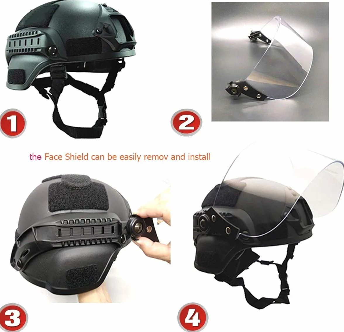 Casque tactique MICH 2000 ACH avec visière transparente NVG support rails latéraux
