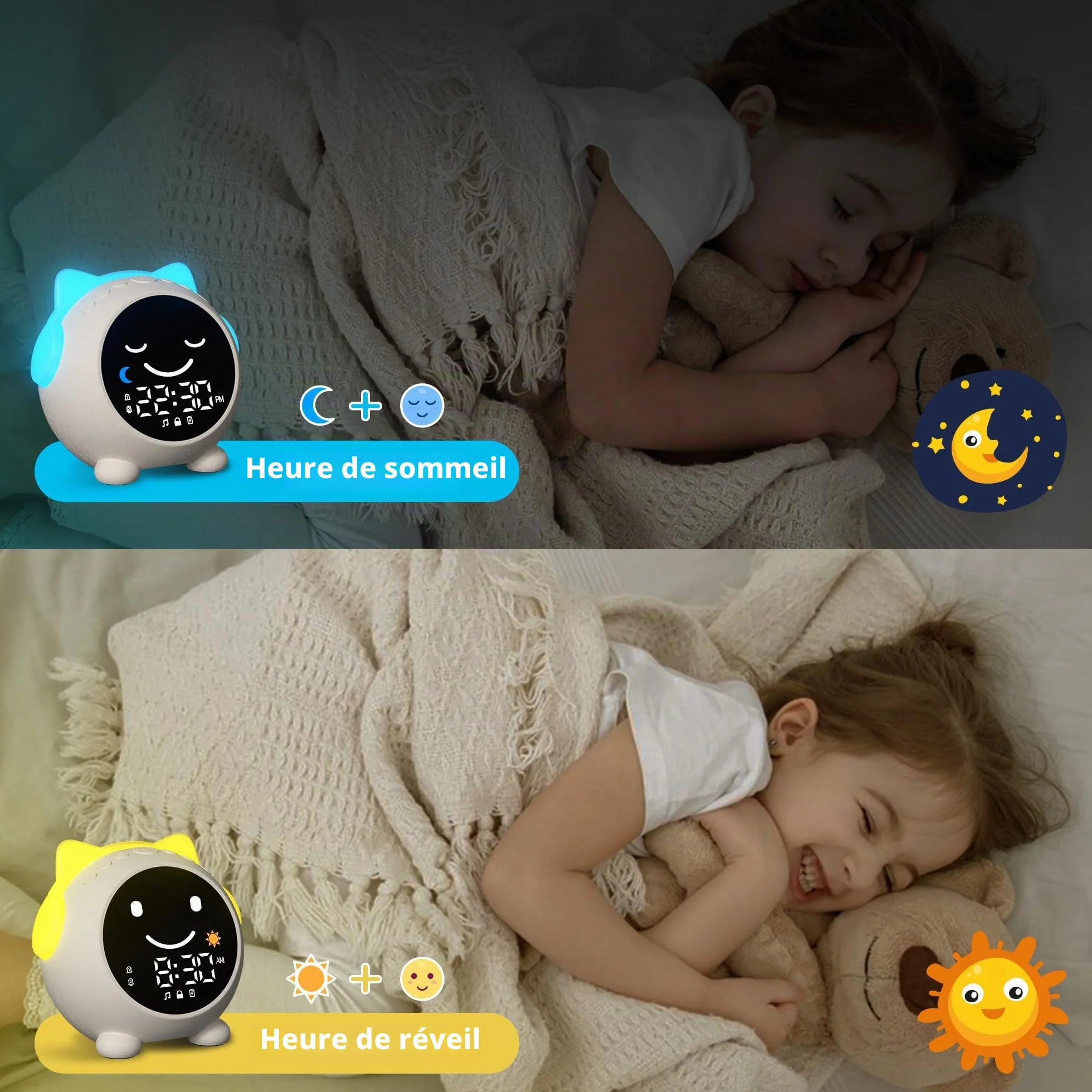 Réveil Enfant Chat Éducatif Jour/Nuit avec Veilleuse Sons Apaisants 2 Alarmes Mode Week-End Rechargeable