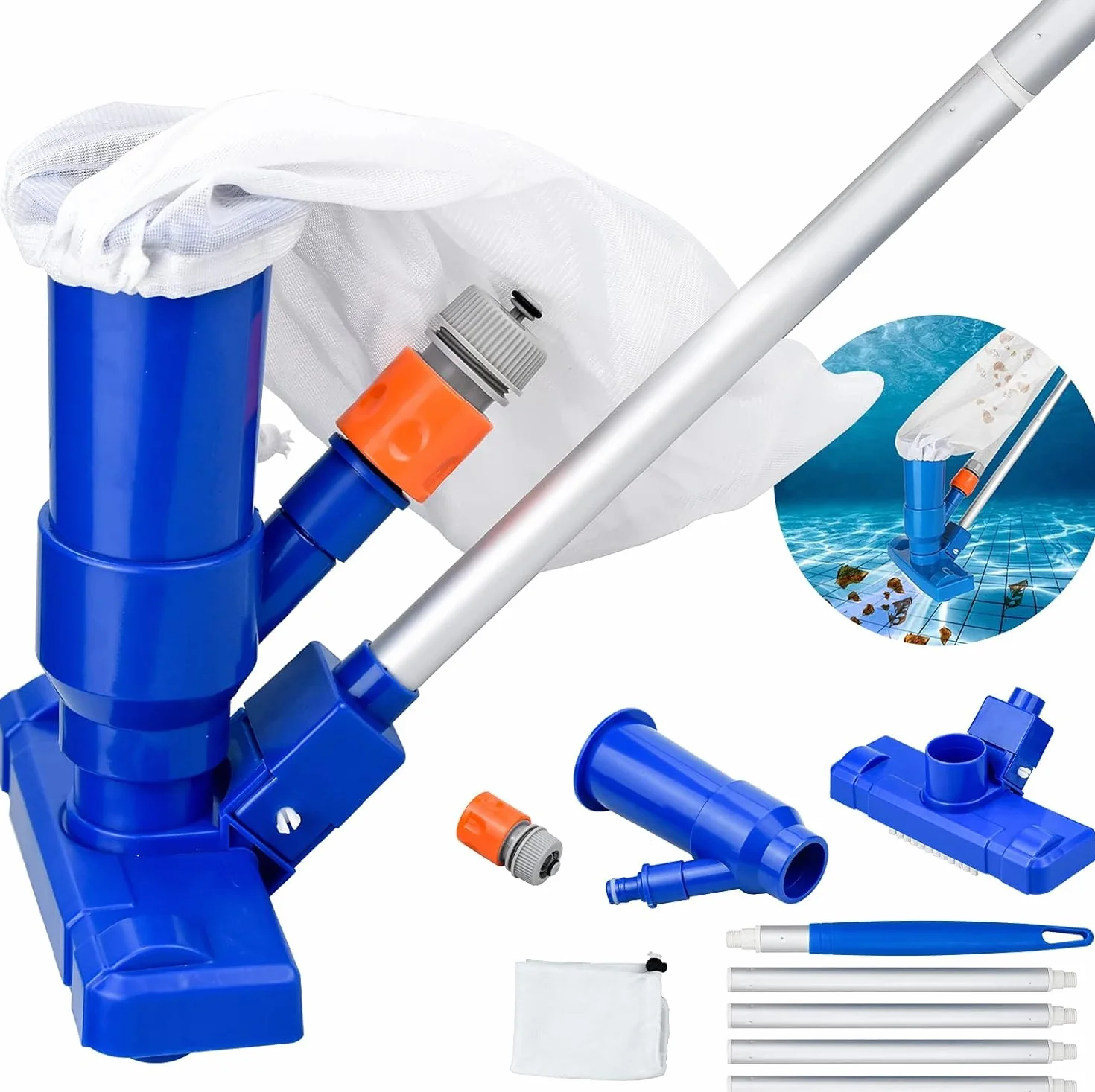 Aspirateur Piscine Portable avec Perche Télescopique Bleu