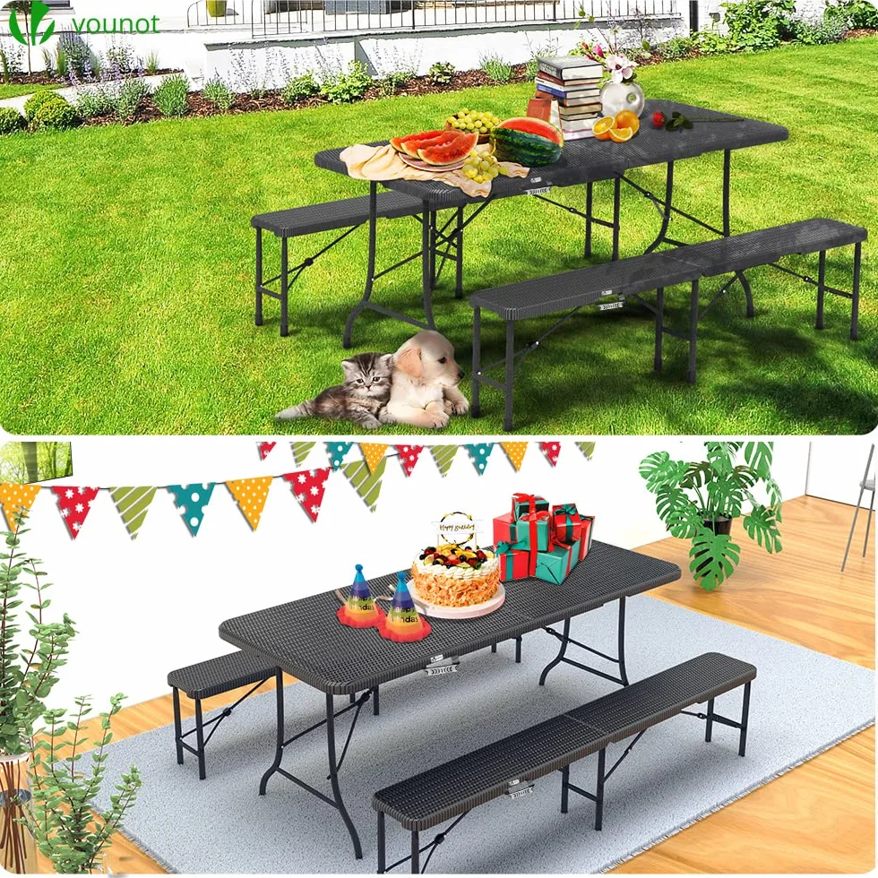 Ensemble Table Pliante et Bancs Pliables Camping 180cm HDPE Polyrotin 8 Places Noir