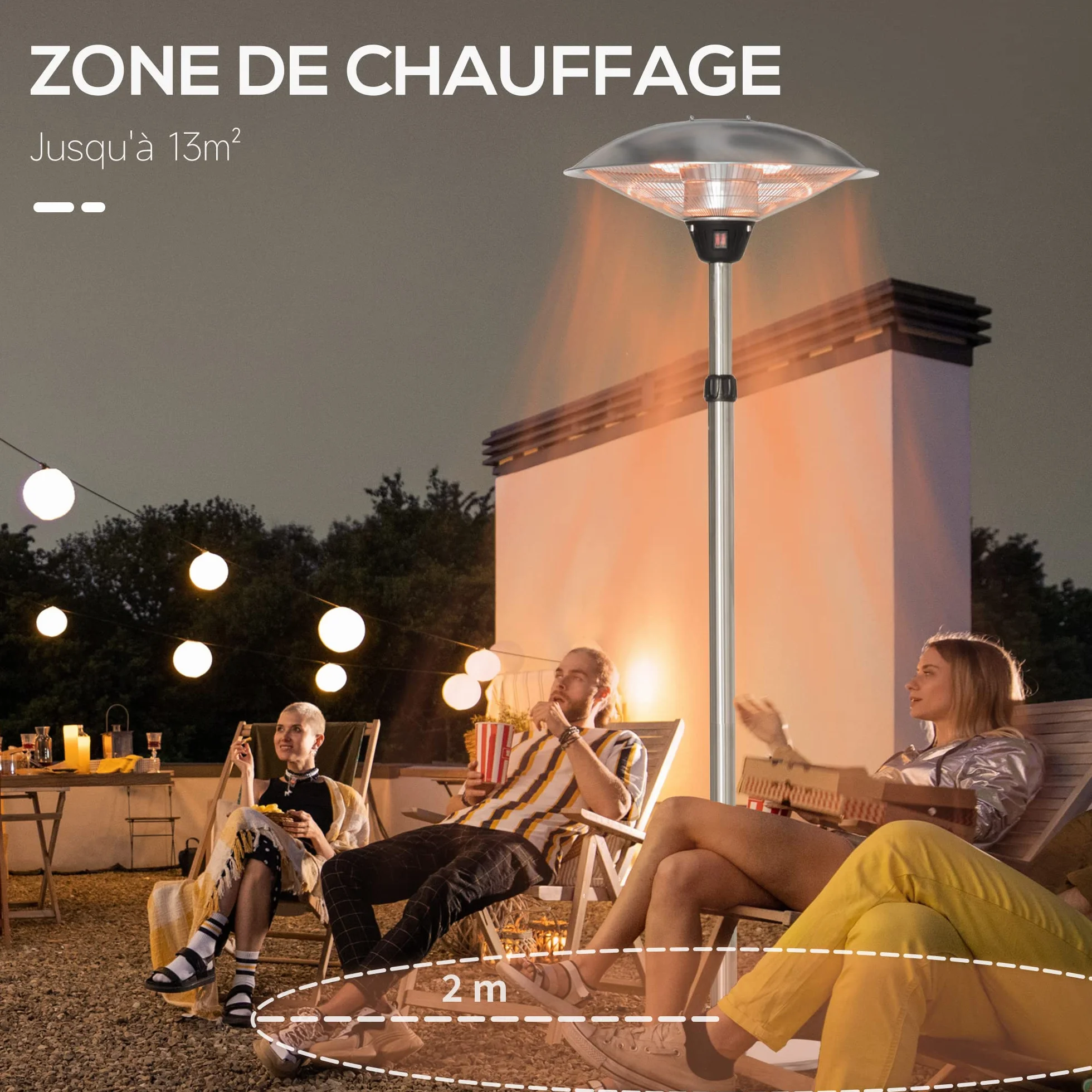 Outsunny Parasol chauffant électrique 3000W IP44 chauffage infrarouge sur pied acier inox argent hauteur réglable 160-200 cm