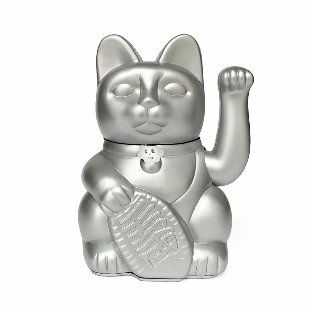 Maneki Neko Chat Porte-Bonheur Japonais Figurine Peinte à la Main Argent M (10x6x15 cm) Décoration Maison Bureau