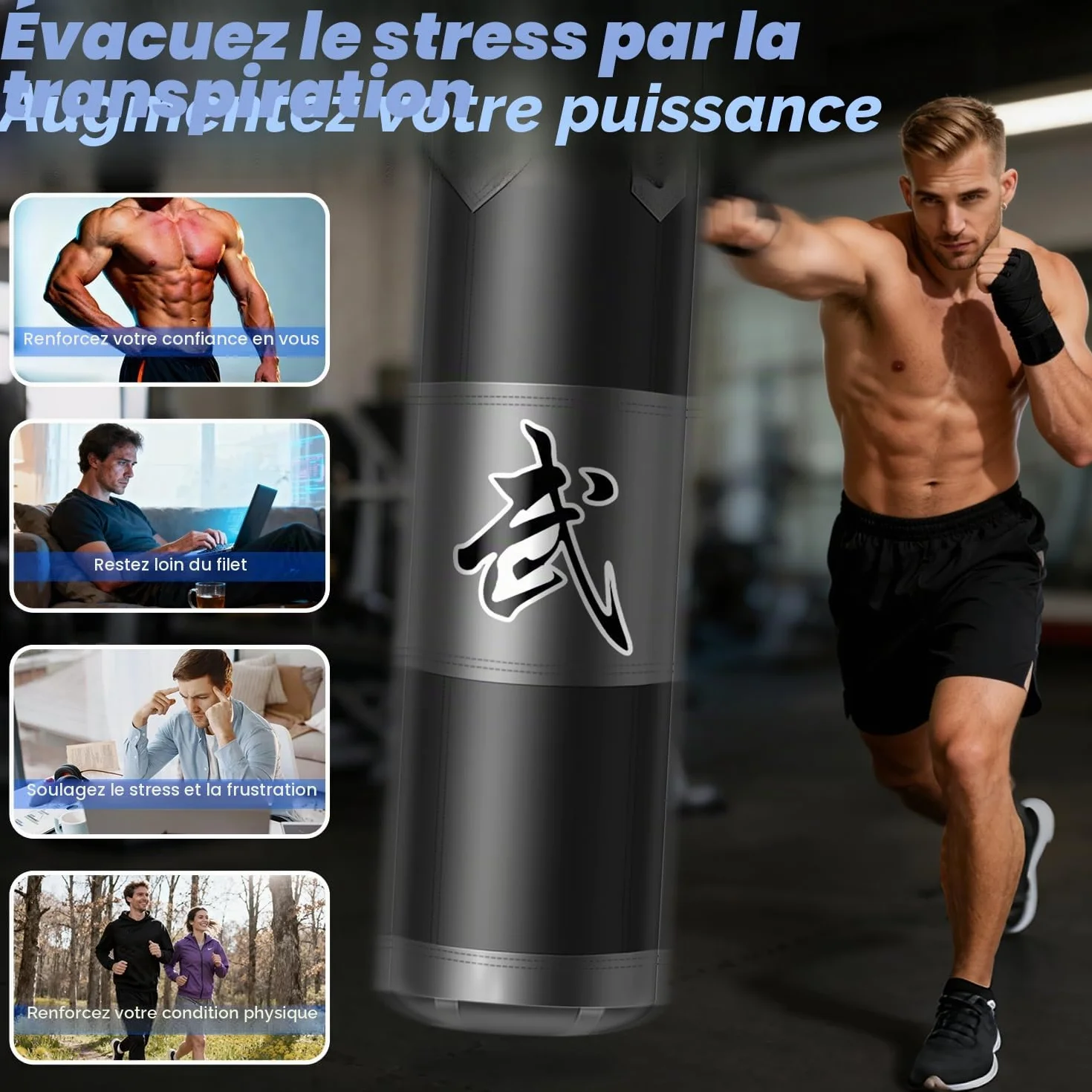 Sac de Frappe Suspendu pour Adultes, Adolescents et Enfants, 120 cm en Tissu Oxford, avec Crochet de Plafond, Chaîne, Bandes, Protège-Poignets pour MMA, Karaté, Kickboxing, Boxe Home-Gym (Non Rempli)