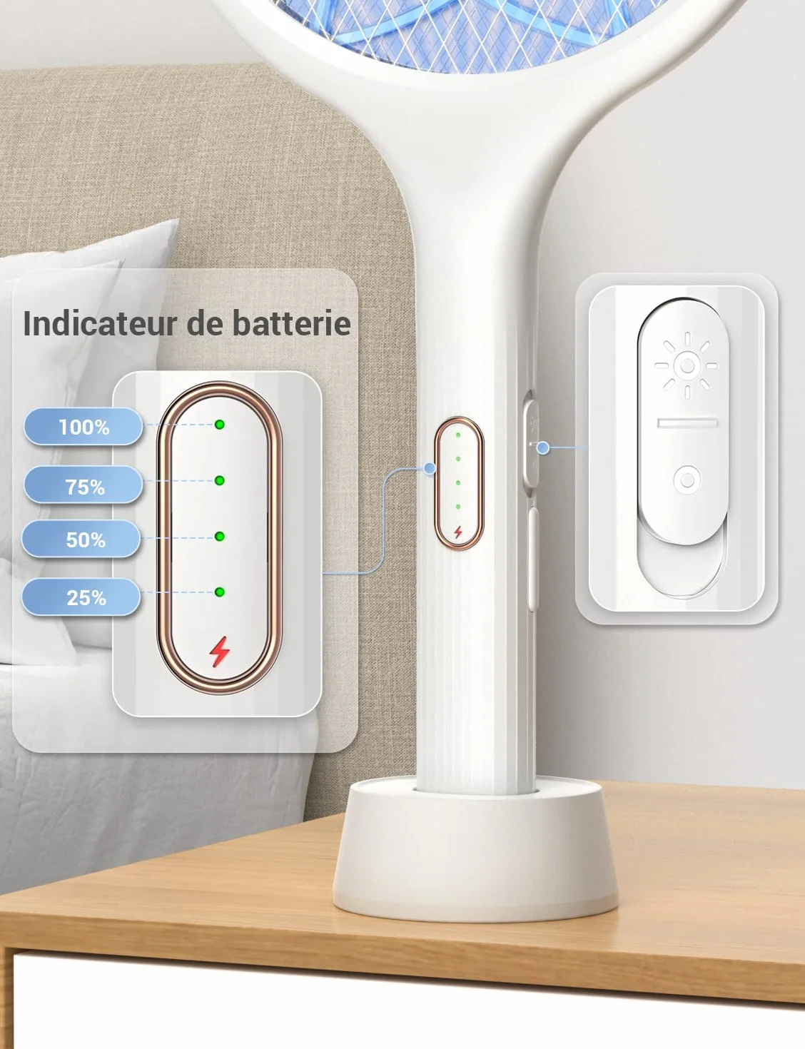YISSVIC Raquette Electrique Insectes 4000 V 1500 mAh Rechargeable avec Base Stable, Blanc