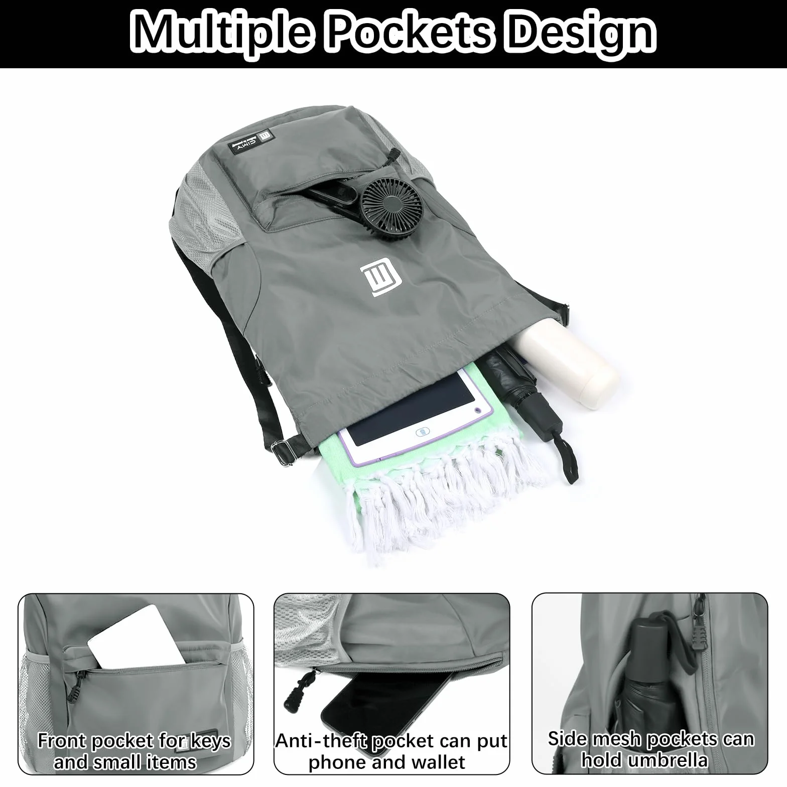 Sac à Dos Cordon Grand, Sac de Sport Imperméable pour Homme Femme Sac Cordon Sac à Dos pour Shopping Yoga Sport Voyage, Gris