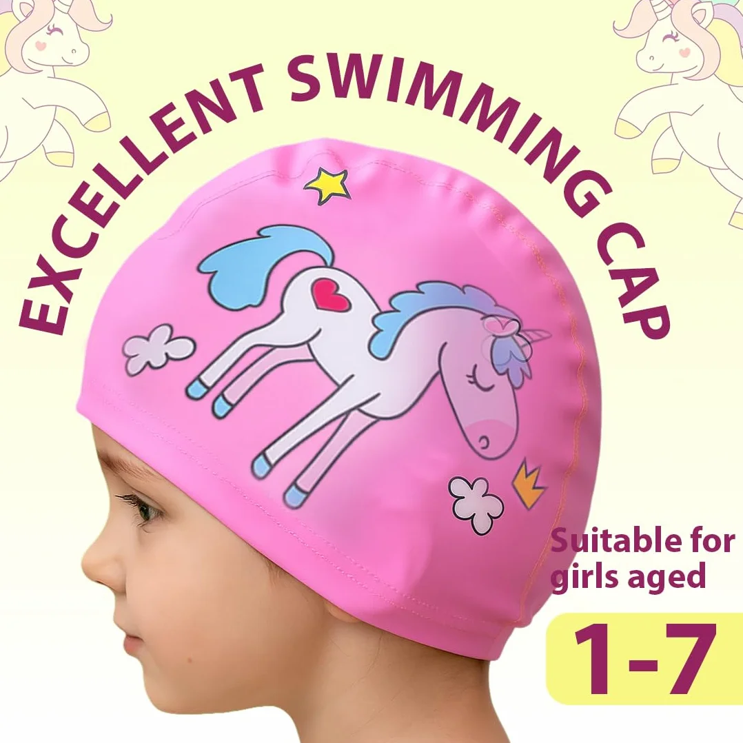 Lot de 2 bonnet piscine enfant imperméable licorne, bonnet de bain fille polyester rose 1-7 ans