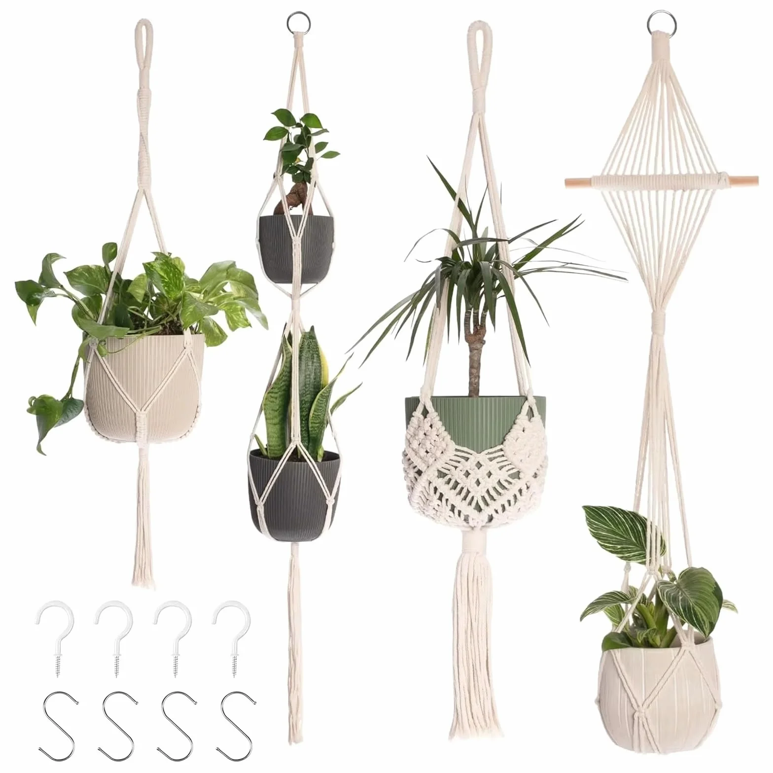 Suspension Macramé pour Plante Tissés à La Main 4 Pièces Décoration Maison Jardinage