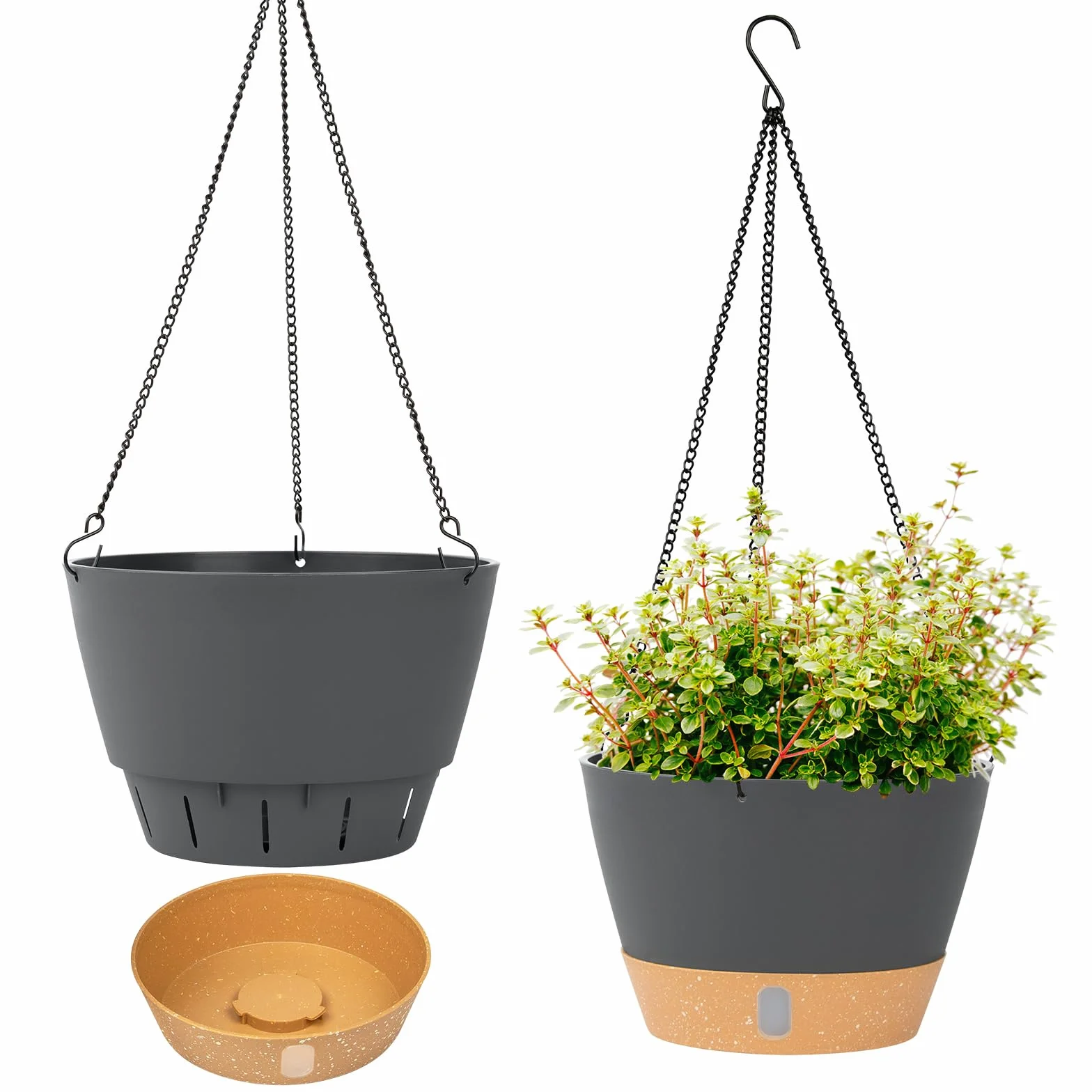 Lot de 2 Pots de Fleurs à Suspendre 20 cm Gris avec Trou de Drainage et 3 Crochets