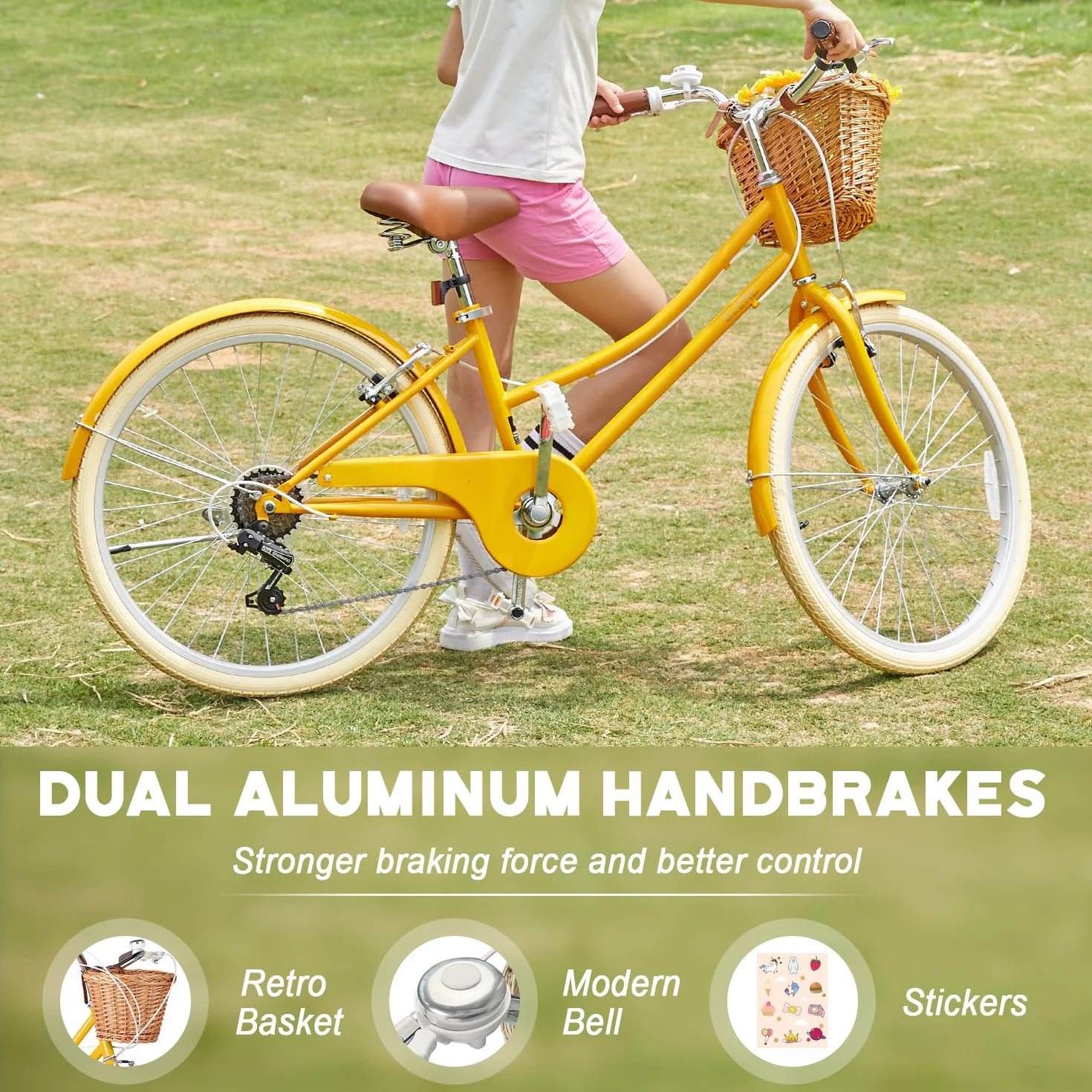 Glerc Missy 20" 24" 26" Pouces Fille Cruiser Shimano 6 Vitesses Hybrid vélo de Ville pour Les Jeunes de Plus de 6 Ans avec Panier en Osier léger, Plusieurs Couleurs