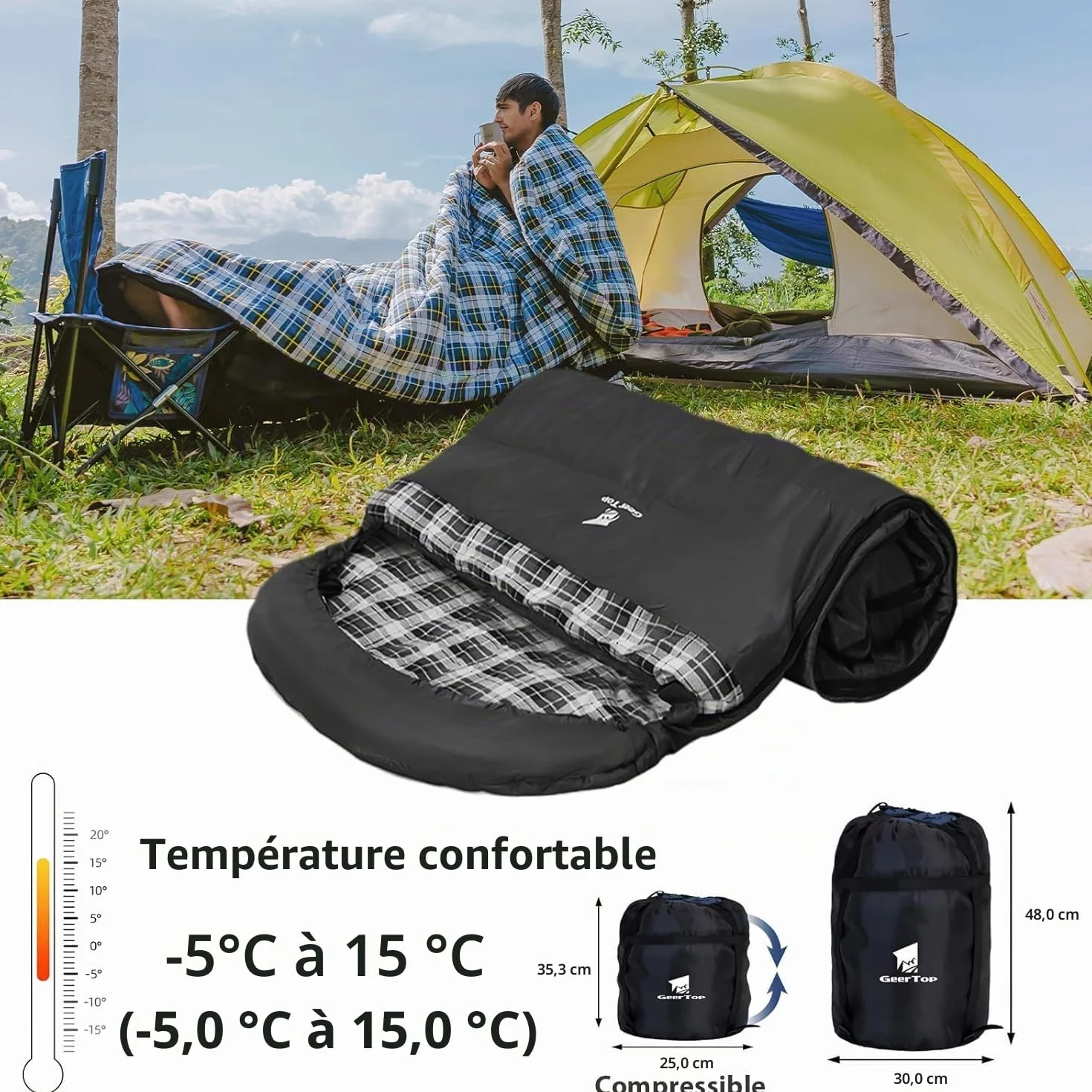 GEERTOP Sac de Couchage Adulte XXL 220 x 110cm, Sac de Couchage Hiver avec Sac de Compression Randonnee, Portable Léger pour Camping Trekking Les Activités de Plein Air
