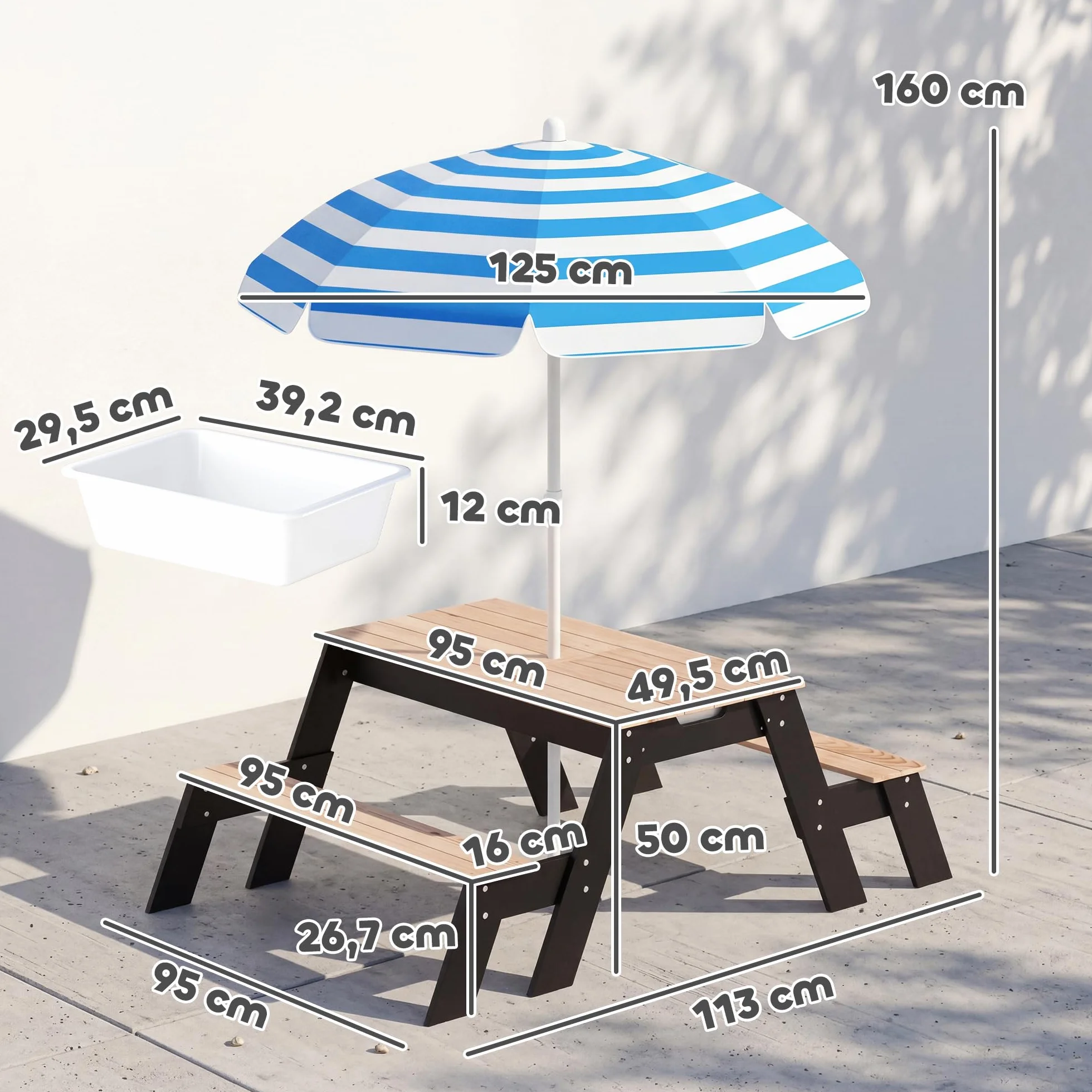 AIYAPLAY Table de Pique-Nique Enfants avec Parasol Amovible 3 en 1 Salon de Jardin en Bois pour Enfants 3-6 Ans Charge 50 kg