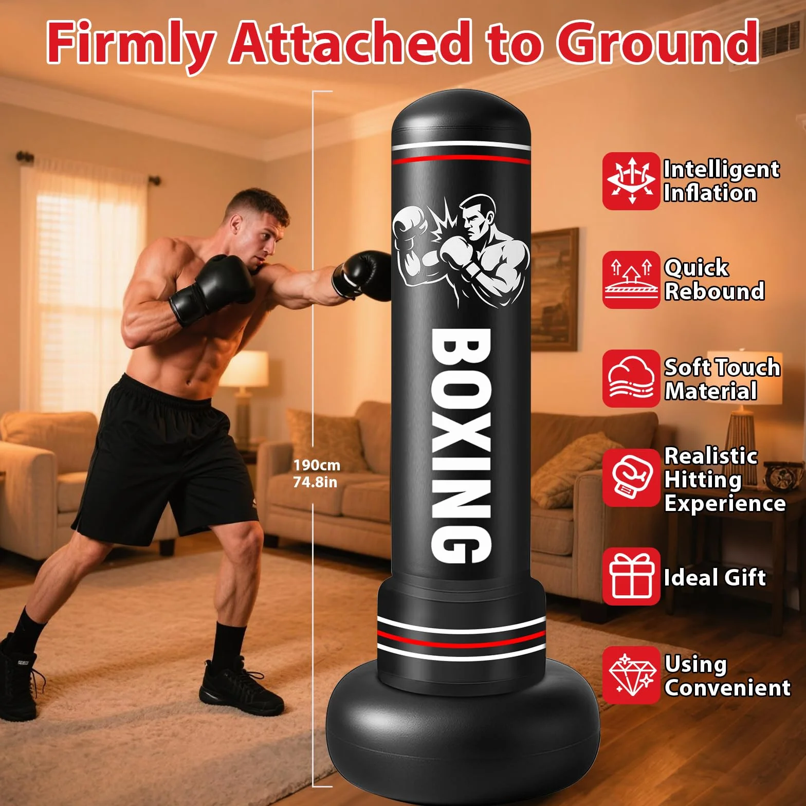Sac de Frappe Adultes, 190cm Gonflable Punching Ball avec Gants Pompe à Air, Sac de Boxe sur Pied Enfants pour MMA Karaté Fitness Equipement de Boxe Idéal Cadeau Femmes et Hommes