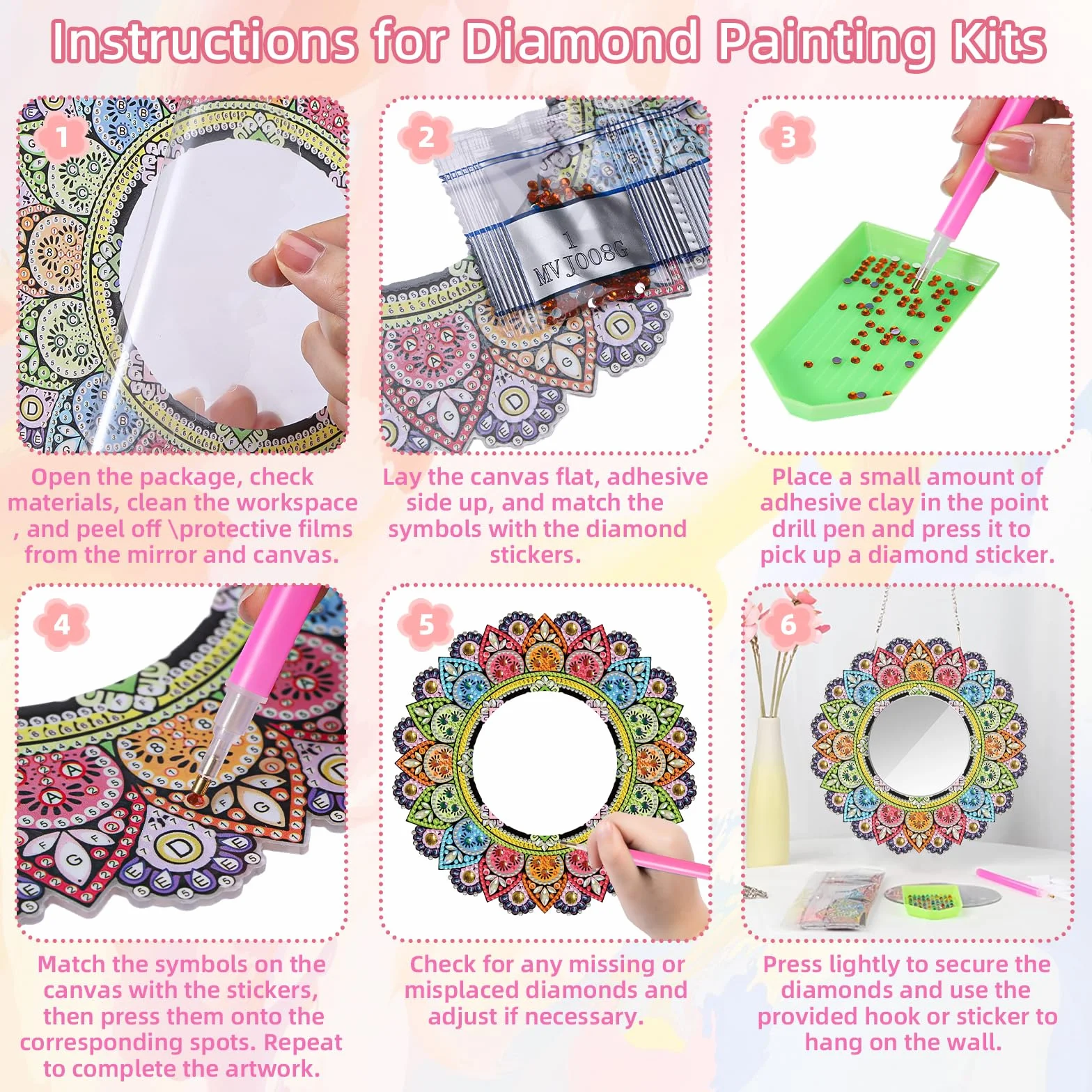 Starvortex 5D Diamond Painting Mirror Kit, Décoration Cristal DIY Mandala Miroir Maquillage, Activité Manuelle Enfant
