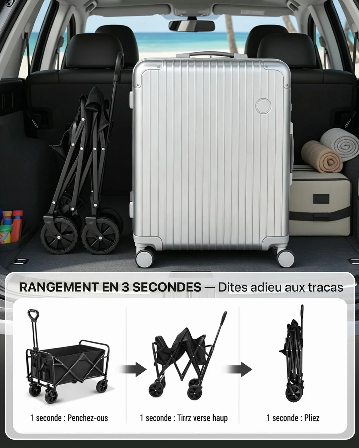 Chariot de Transport Pliable 113L Charge 120 kg 4 Roues Tout Terrain Détachables Poignée Télescopique