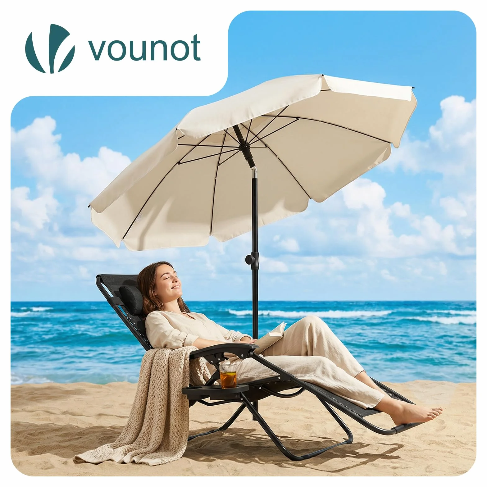 Parasol de Jardin 200cm Inclinable Hauteur Réglable Protection UV 50+ Beige
