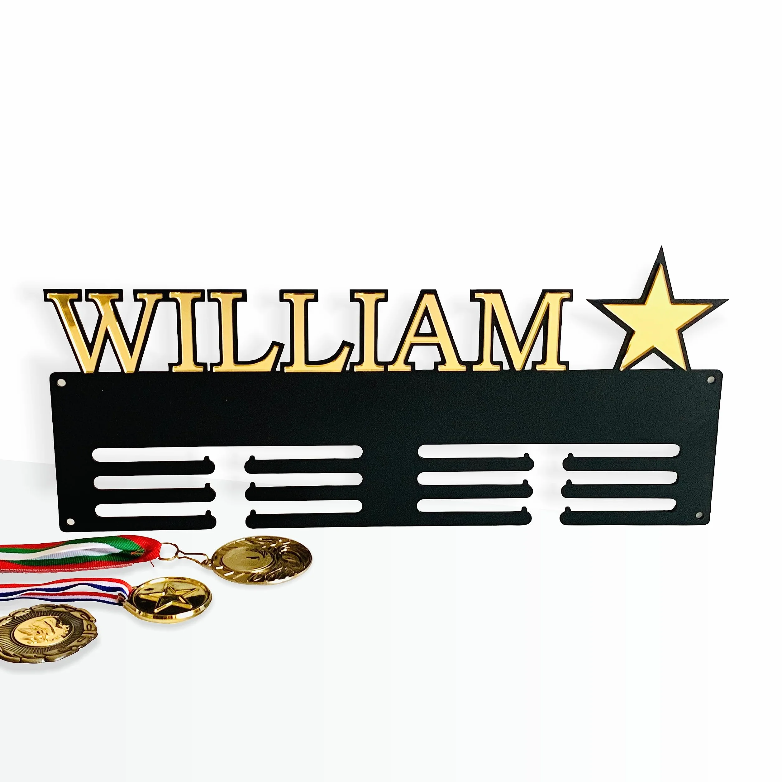 Porte-médailles en métal FranJohnsonHouse Luxe, Personnalisé prénom, étoile et trophée, Cintre de médaille, Cadeau sportifs