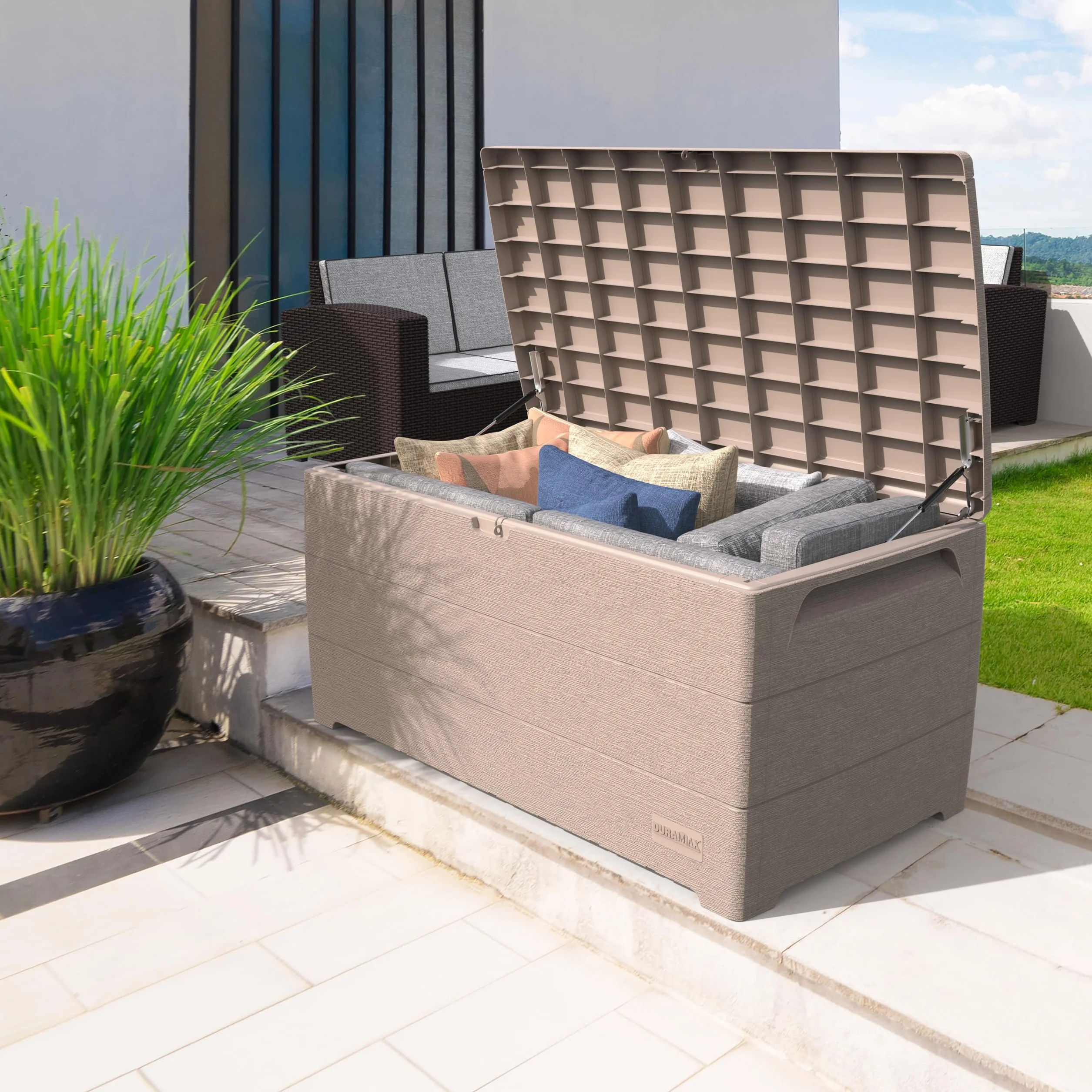Duramax Durabox 416 Litre Plastic Storage Box Outdoor Deck Box Garden Cushion Box Woodgrain Texture Warm Taupe