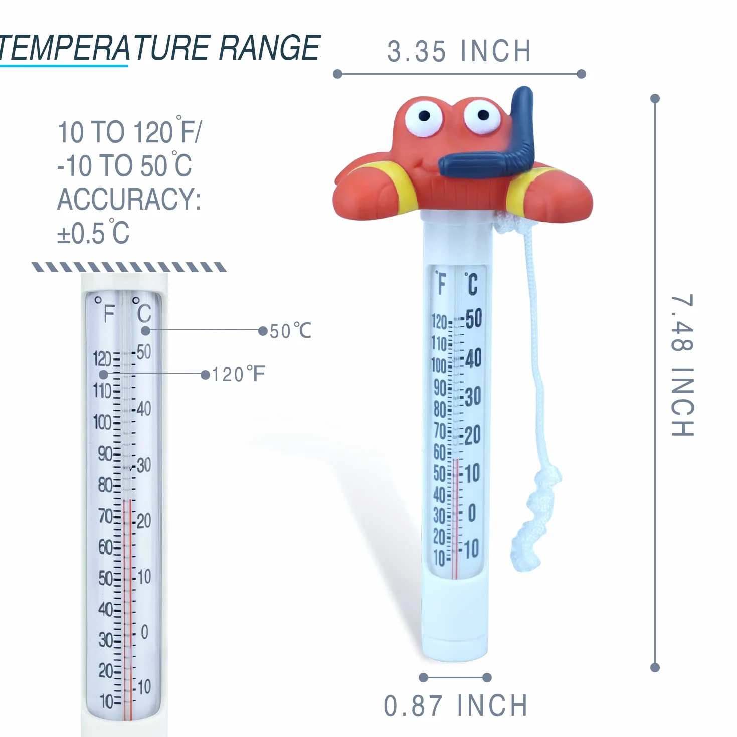 Lot de 2 thermomètres flottants de piscine avec corde, thermomètre eau précis pour bassin, jacuzzi, spa