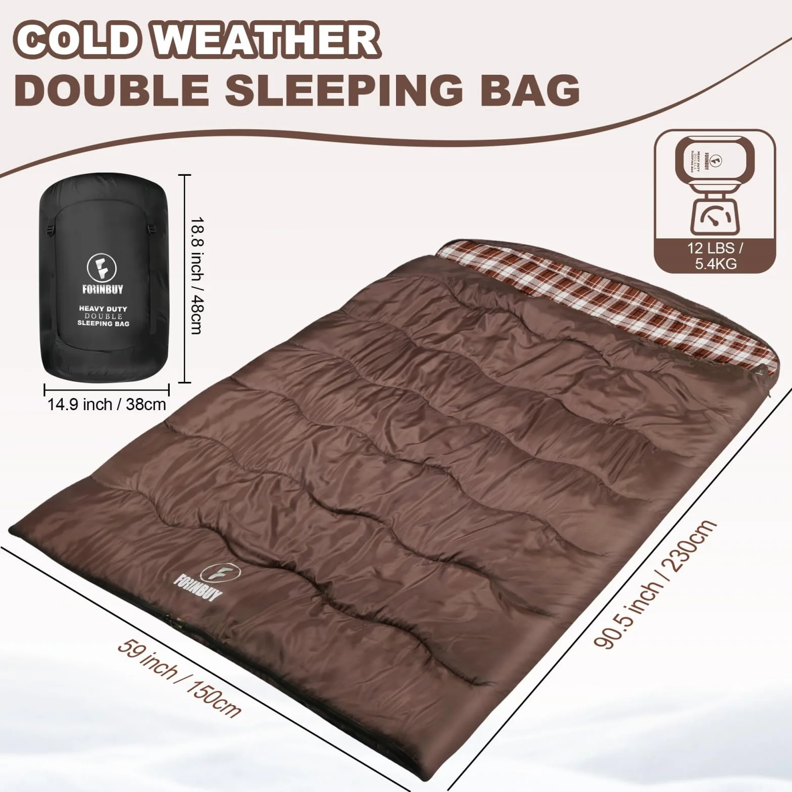 Sac de Couchage Double 2 Personnes Hiver - Flanelle de Coton 100%, Chaud et Imperméable pour Adulte, Camping Voyage Extérieur Maison