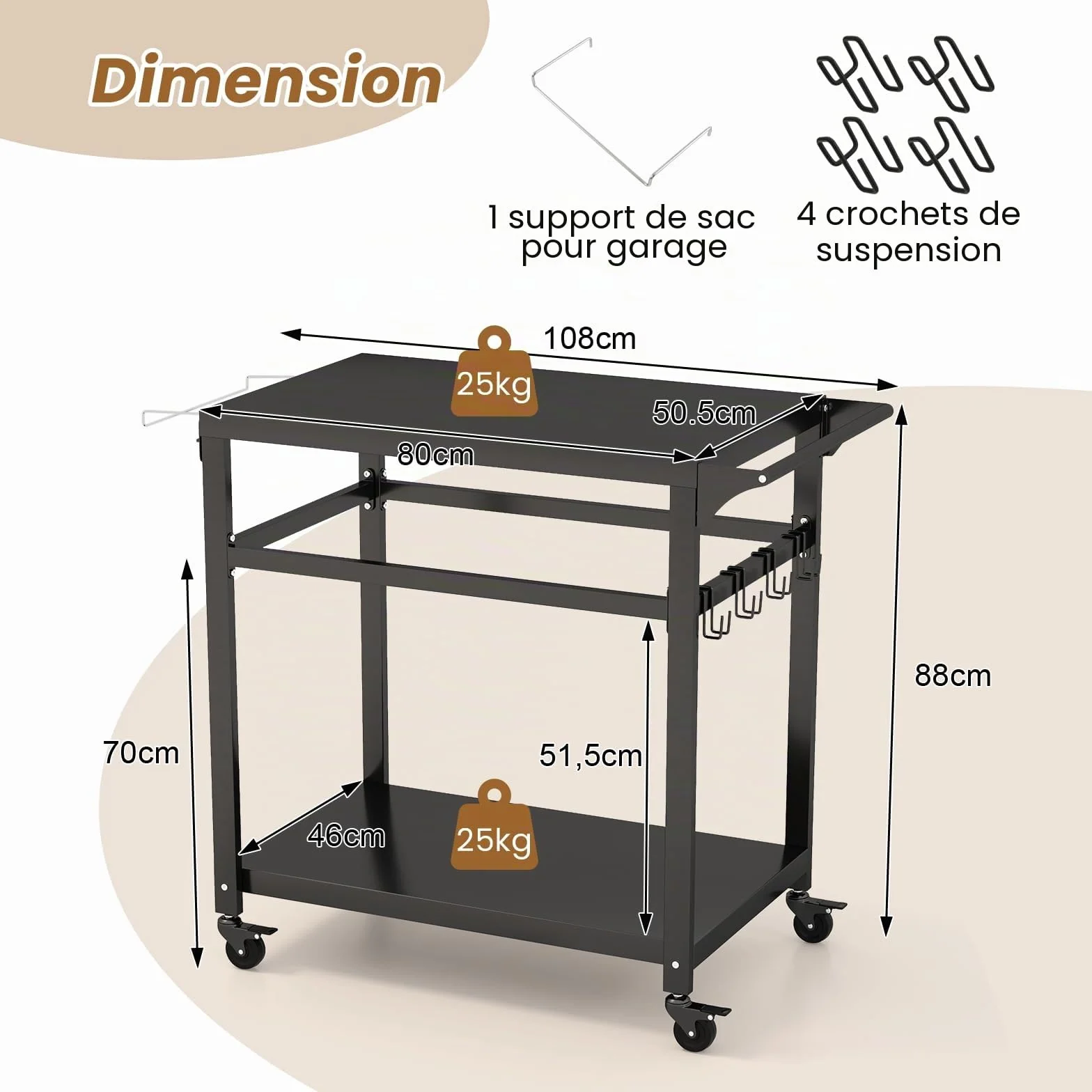KOMFOTTEU Chariot Barbecue 2 Étagères Desserte Jardin 108 x 50,5 x 88 cm
