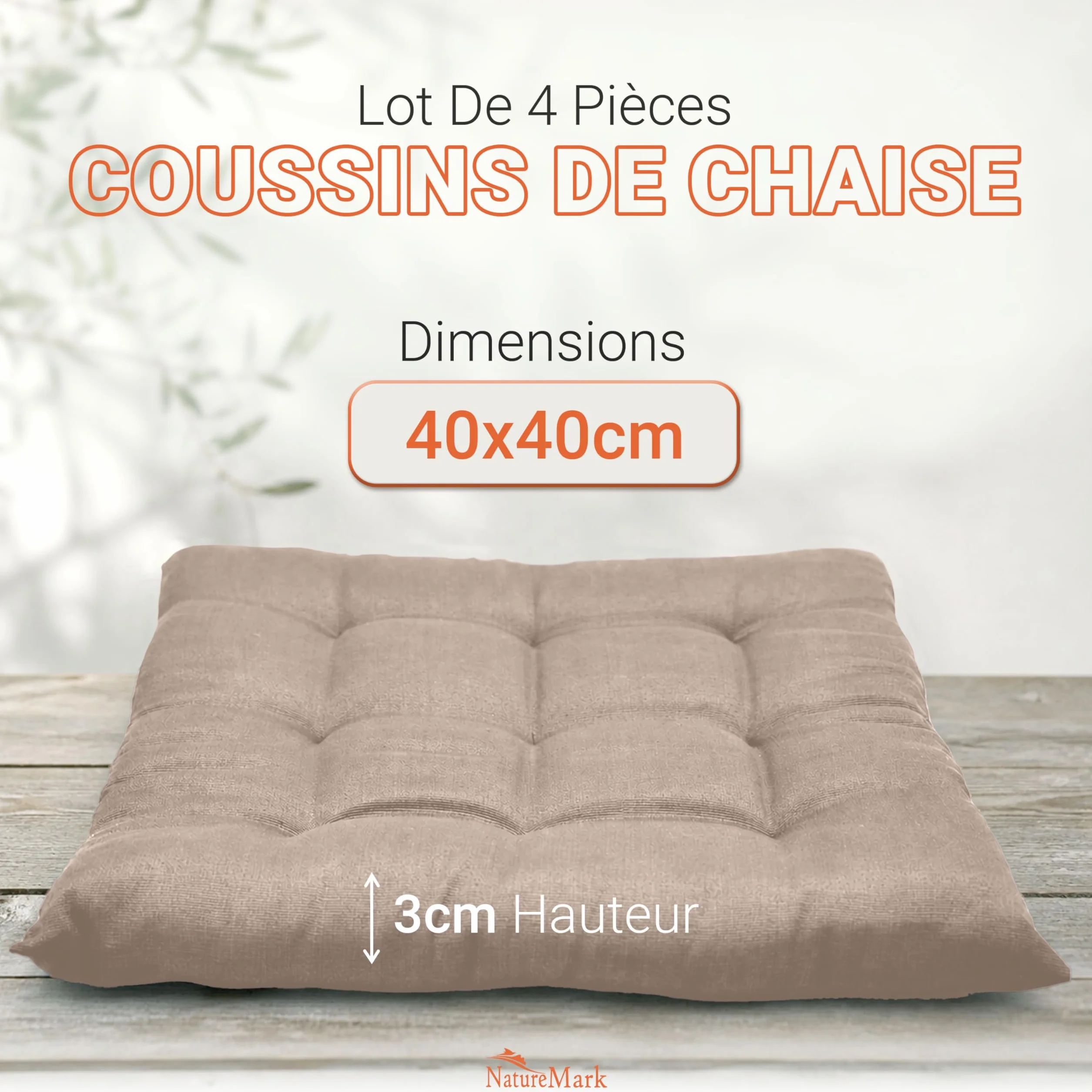 NatureMark Lot de 4 Galettes de Chaises 40x40 cm Coussin de Chaise Épais Sable/Beige