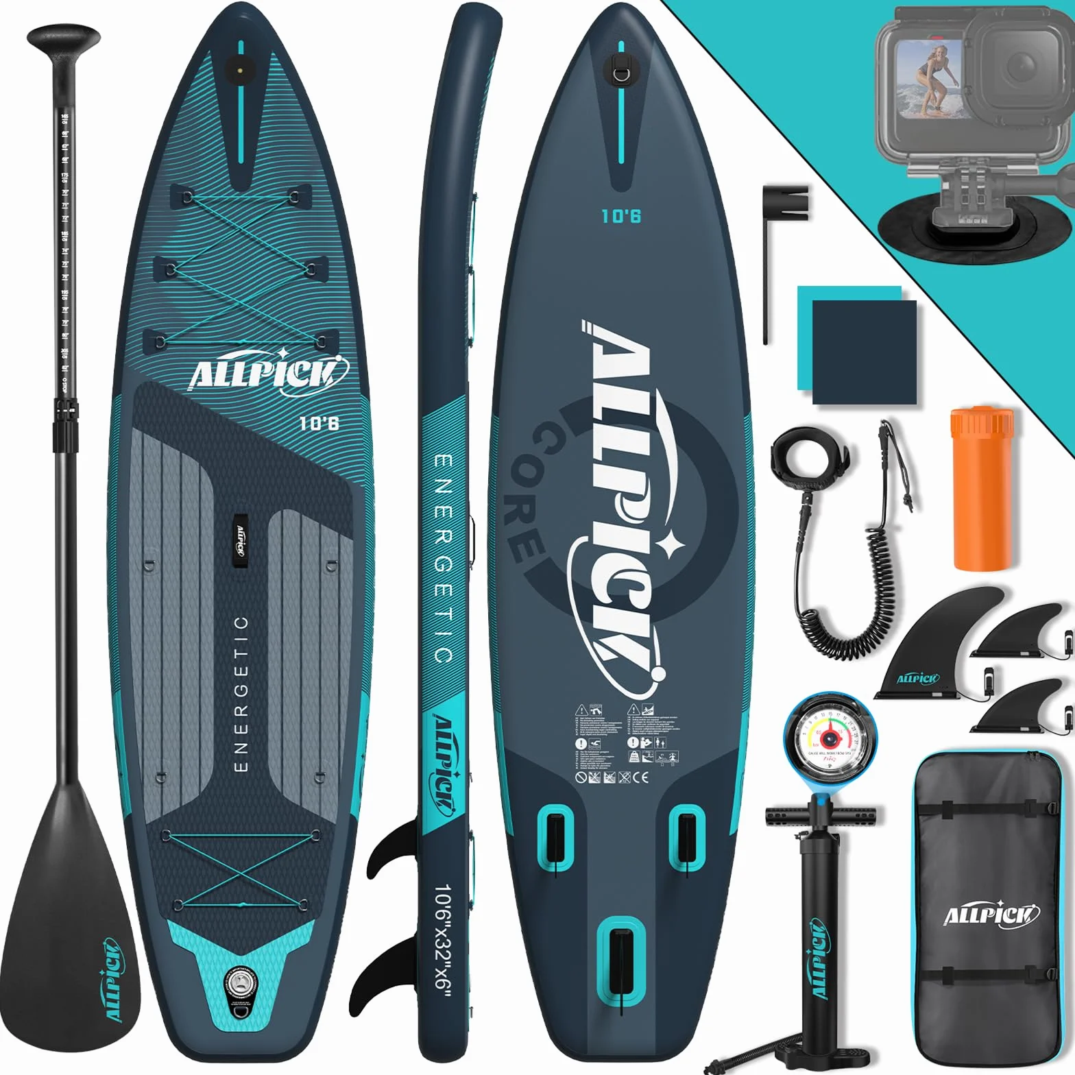ALLPICK Paddle Gonflable, Kit de Padelsurf de Stand Up Paddle Sup Gonflable de 320 cm, avec Support Universel pour Caméra, Pagaie réglable, Débutants et confirmés, 200 kg