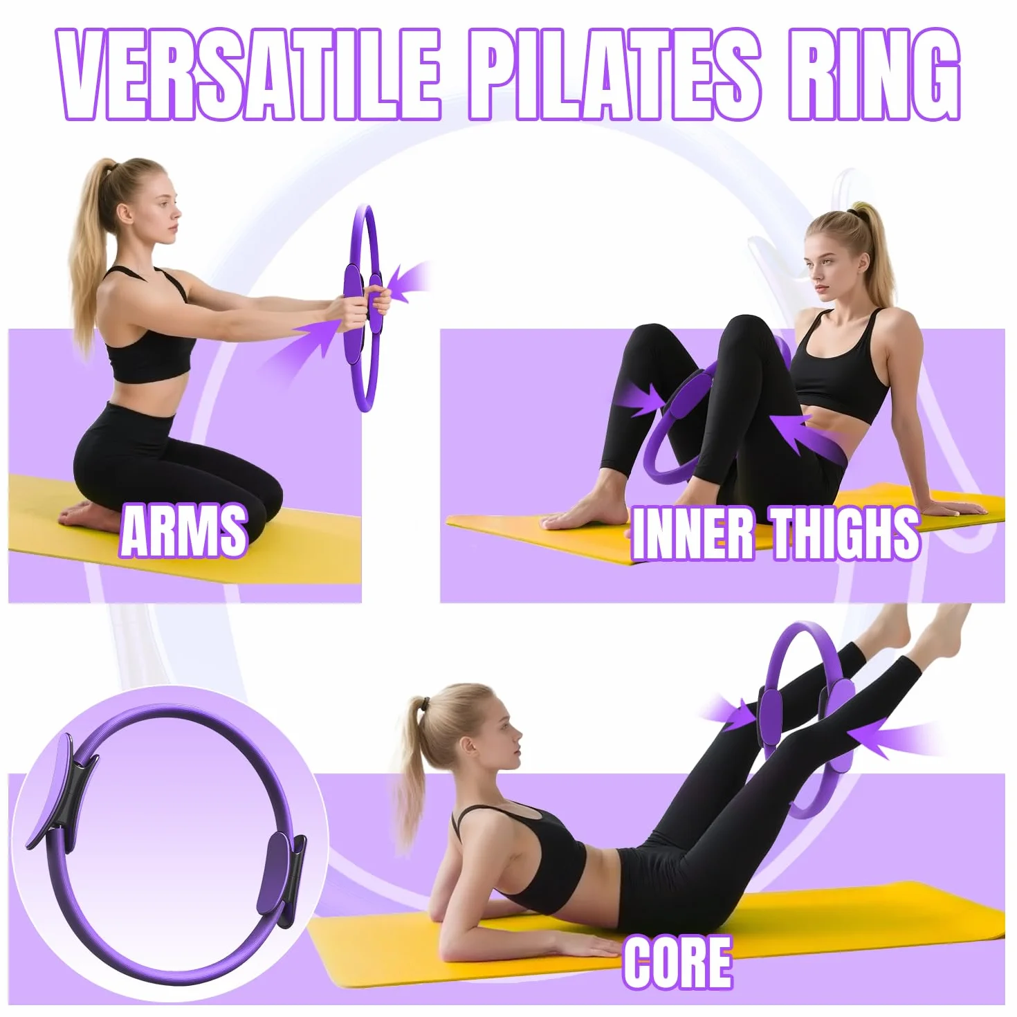 Pilates Ring Set - 6 Pièces, Anneau de Pilates, Ballon de Yoga, Bandes de Résistance, Kit Pilates pour Maison, Kits de Yoga et Pilates Accessoires, Cercle Magique de Fitness Femmes (Violet)