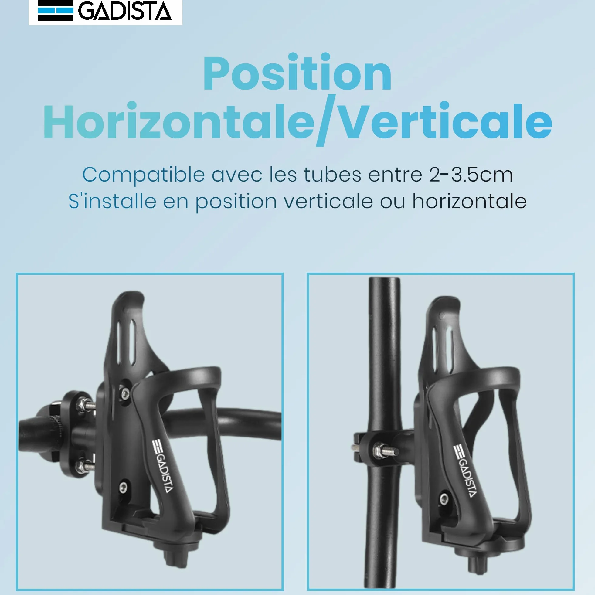 GADISTA France, Porte bidon Velo/Moto/Trott, Porte Gourde VTT, pour Bouteilles de 48-80 mm, Barre Horizontale ou Verticale, Maintien Ferme et Sécuritaire, Patins Antidérapants, Installation Facile