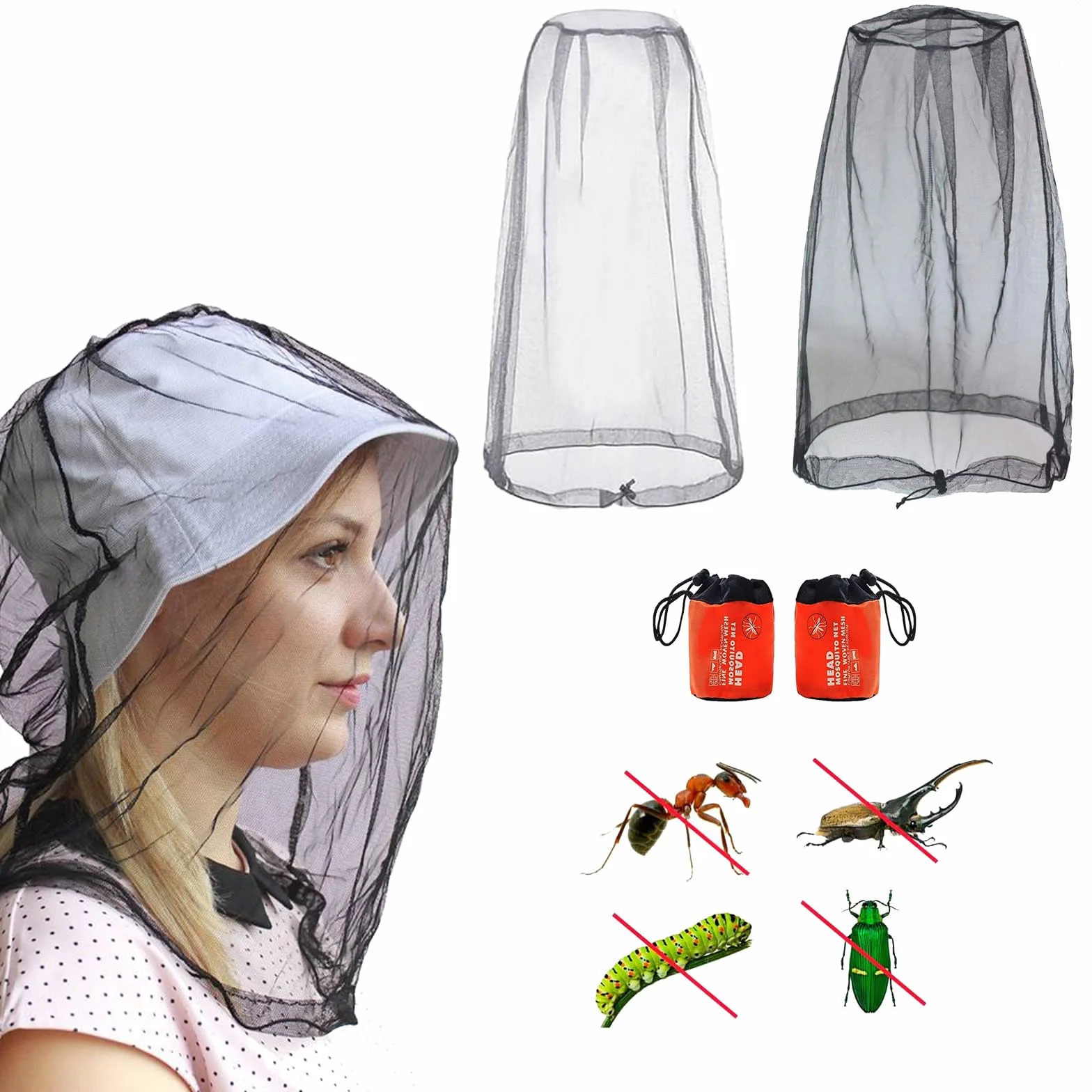 2 Pièces Filet de Tête de Moustique Moustiquaire De Tete Tête de Moustique Net Chapeau Moustiquaire Filet Anti-Insectes pour la Tête avec 2 Sacs de Rangement pour Apiculteur Camping Pêche