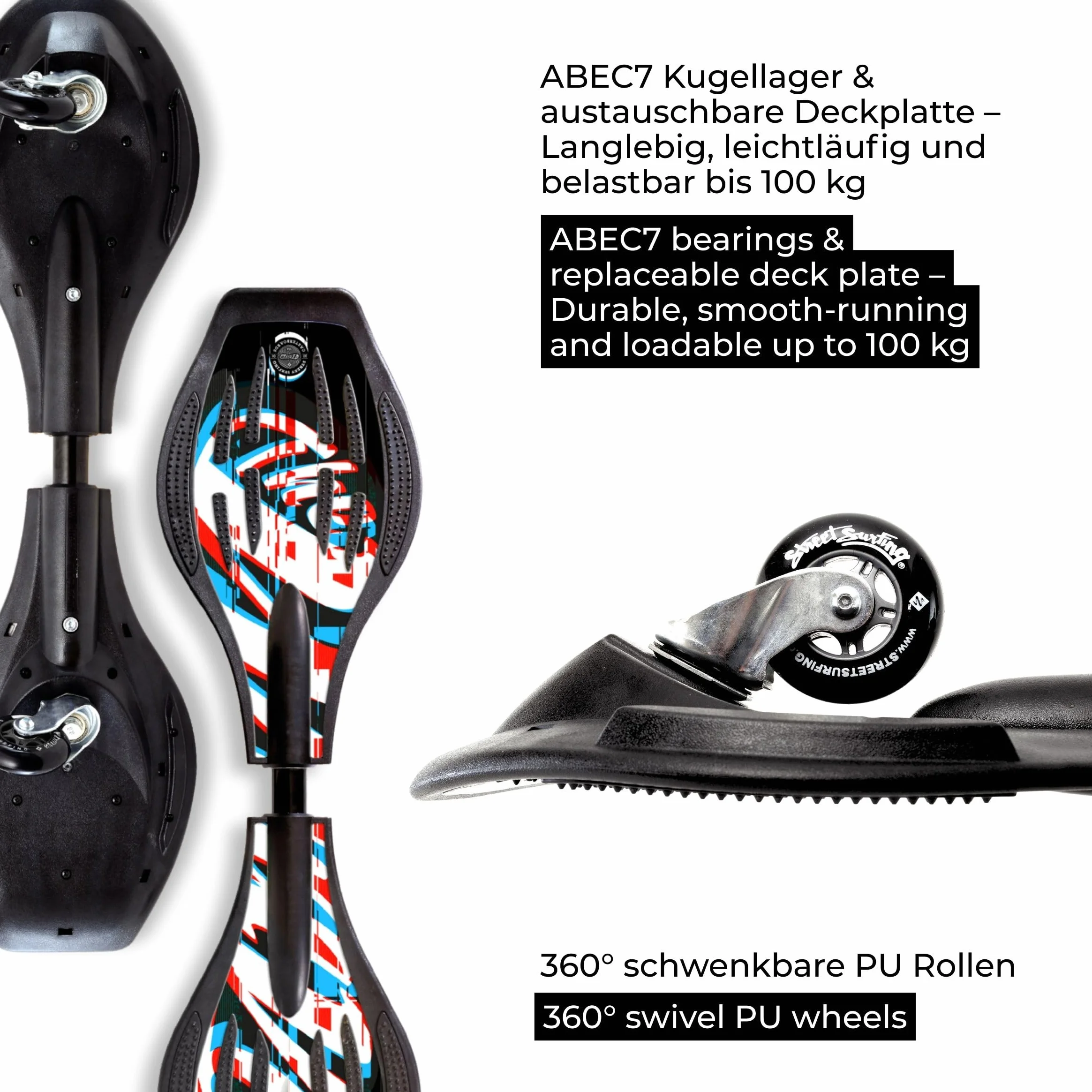Streetsurfing Waveboard The Wave G1, différents designs au choix, roulettes en PU pivotantes à 360 degrés, l'original, le classique