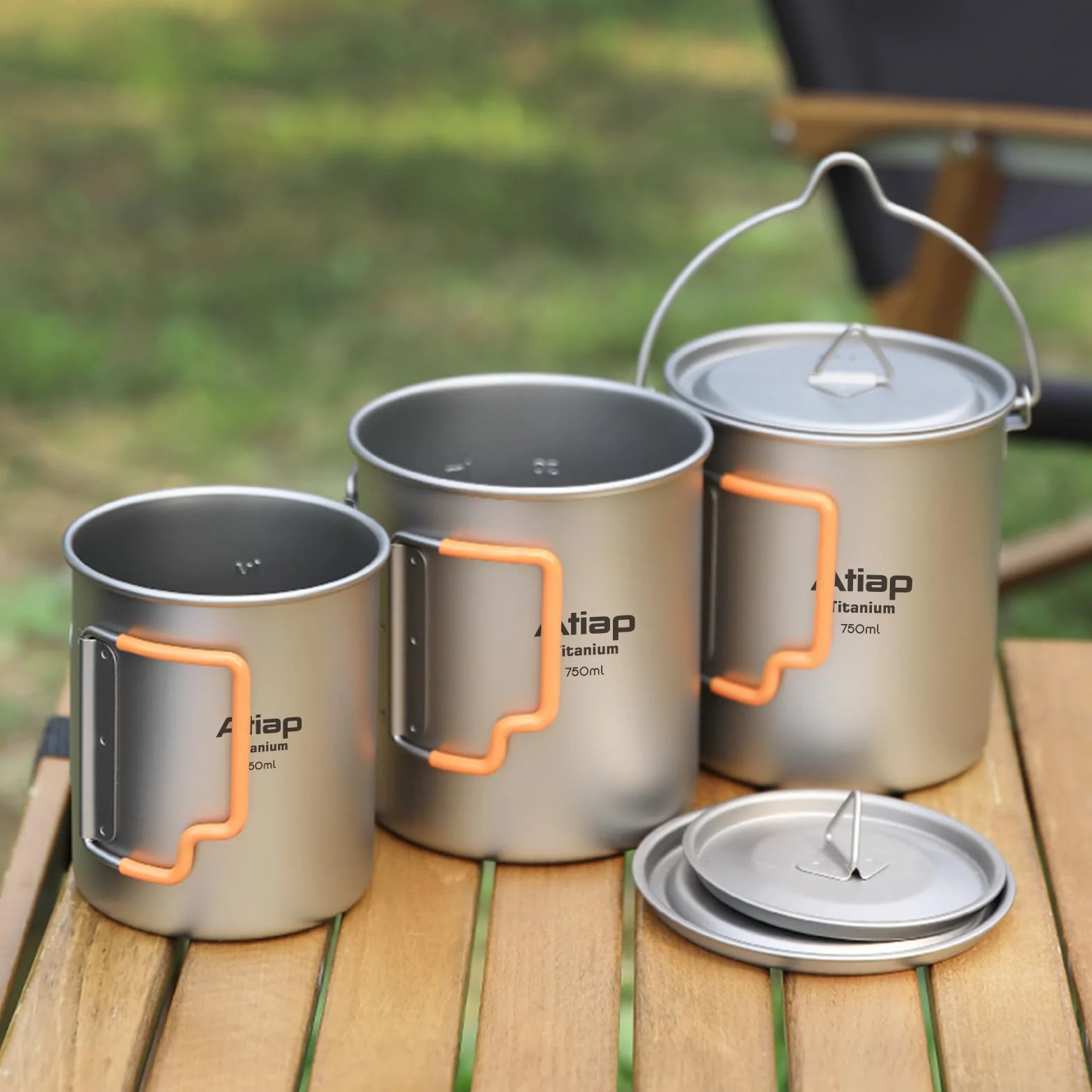 Pot de camping en titane de 750 ml avec couvercle extérieur ultra léger tasses à café portables tasse en titane poignée pliable