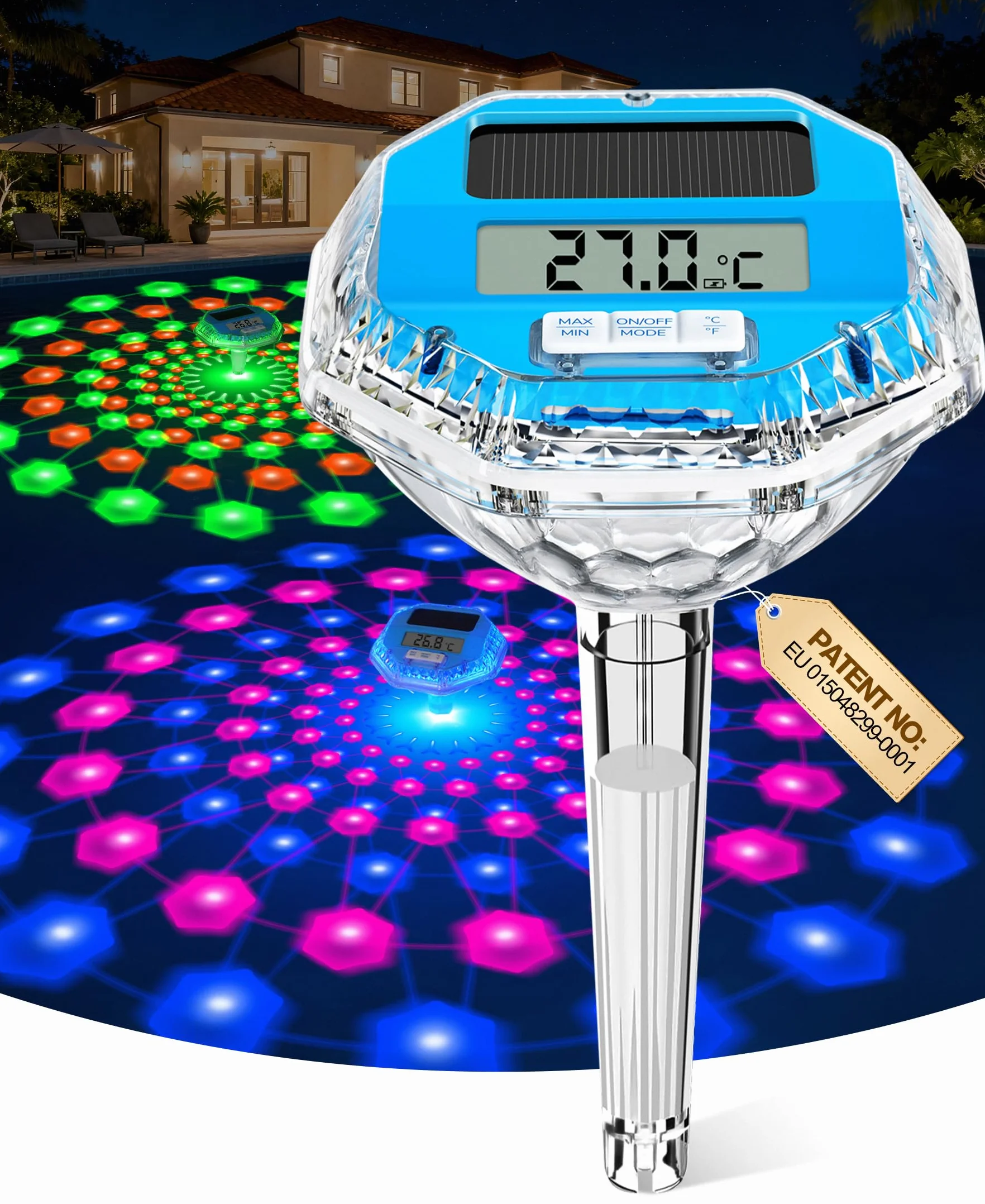LanBlu Thermomètre Piscine Flottante avec Lumière, Solaire Facile à Lire la Nuit, Grand Écran LCD pour Bassin Spa