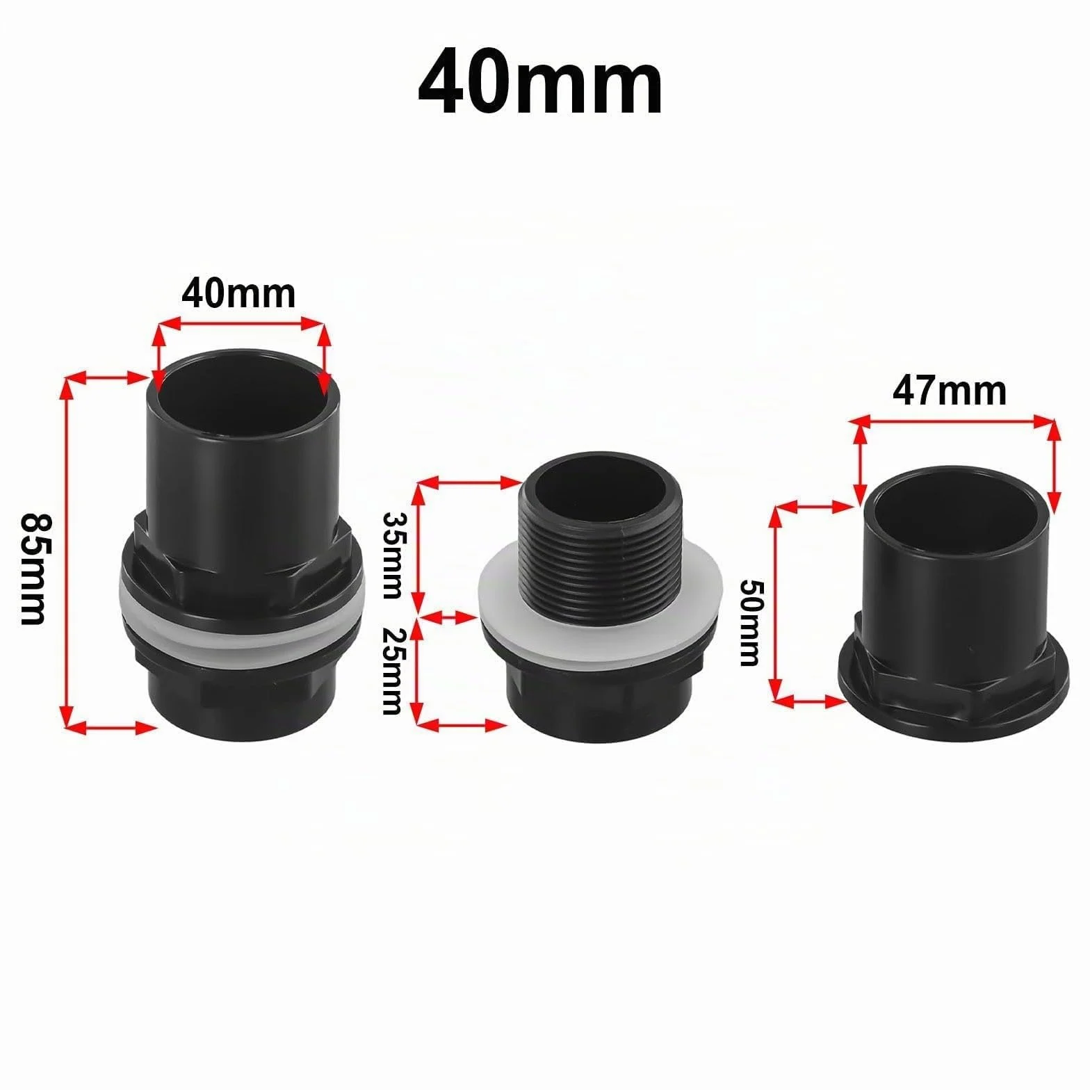 Passe Paroi Raccord Fileté PVC 40 mm Entrée Réservoir Aquarium Joint D'étanchéité