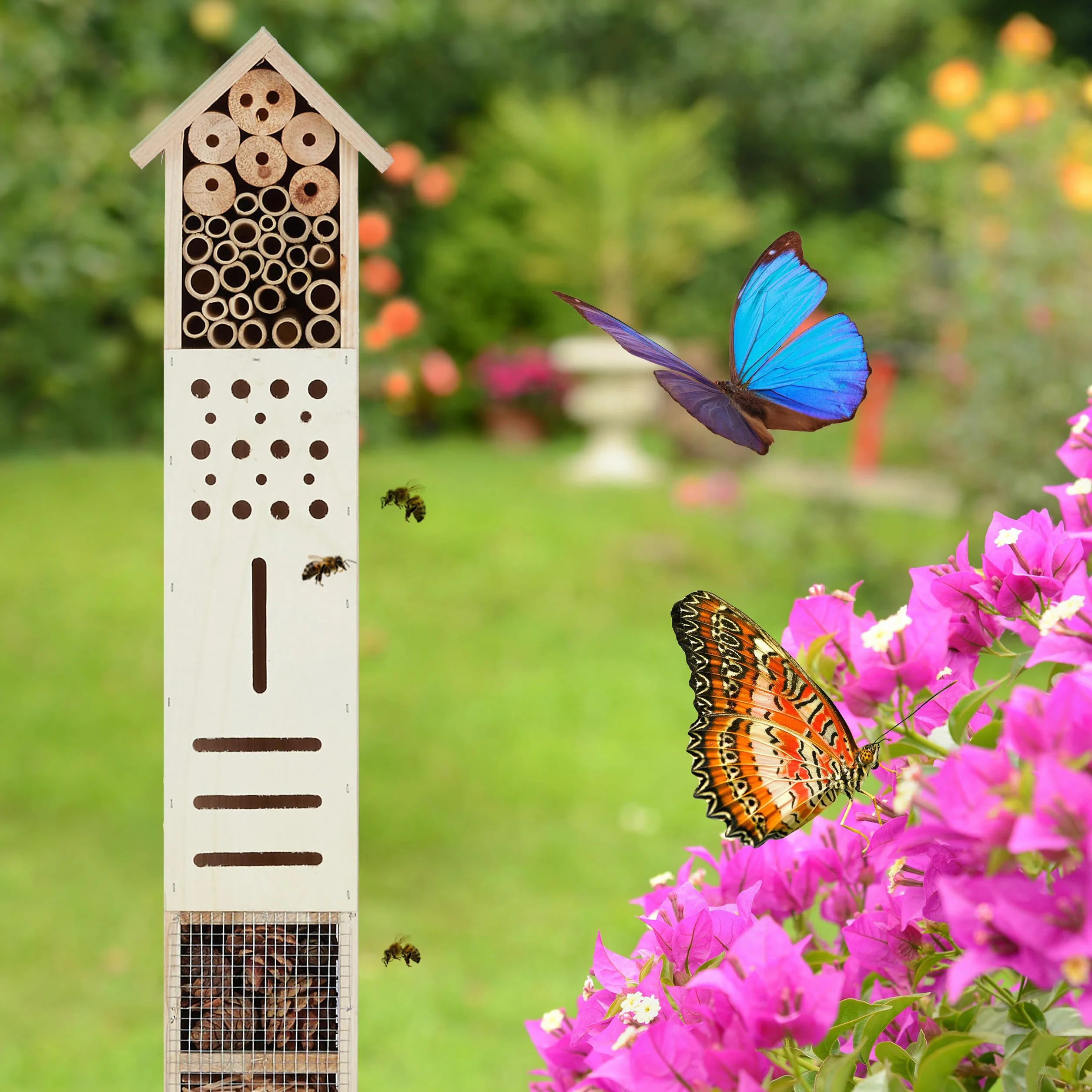 Relaxdays Hôtel à insectes piquet 148 cm nature Maison abeilles refuge jardin
