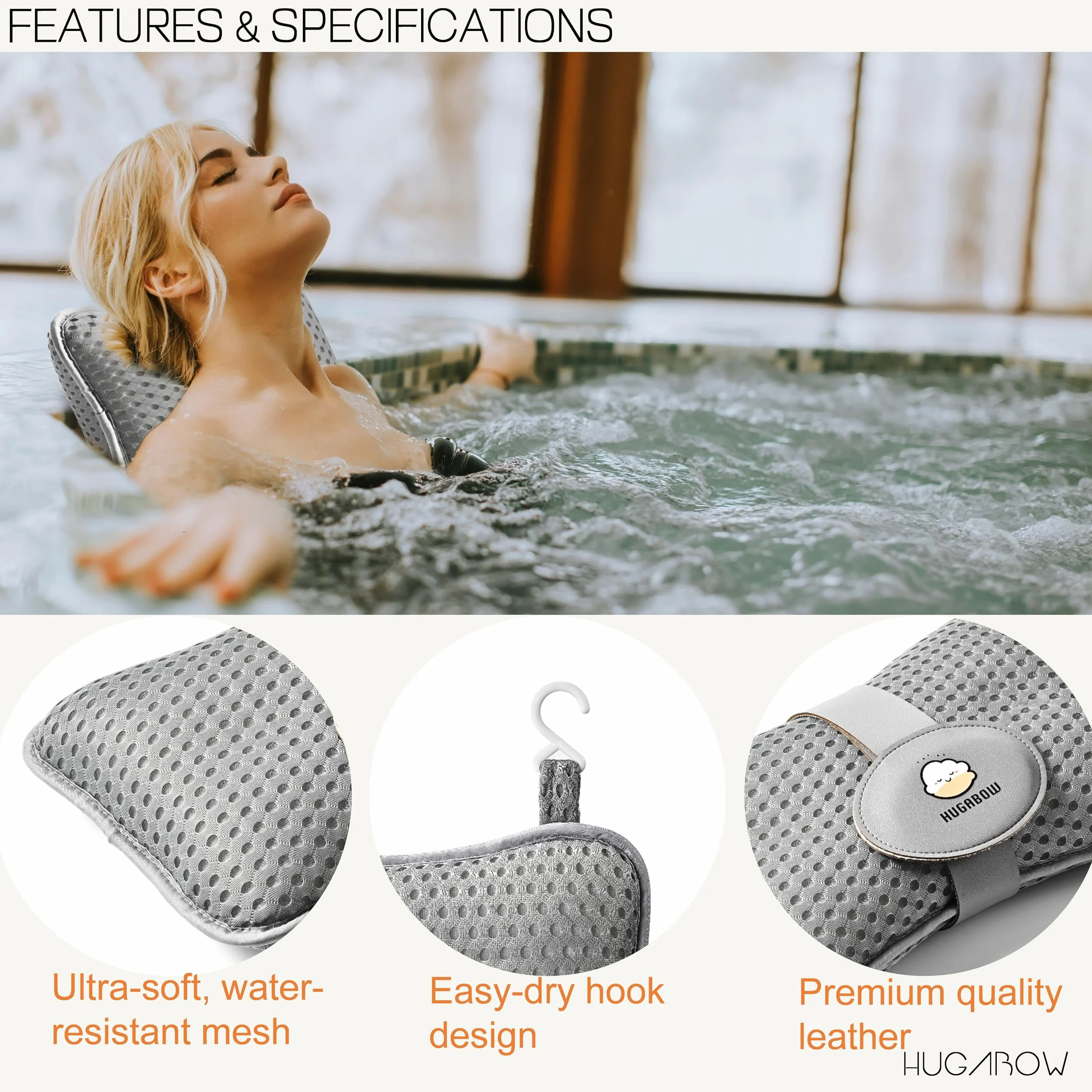 Lot de 2 grands oreillers pour jacuzzi, spa et chaise longue – Coussin universel appui-tête tour de cou, hauteur réglable sangle, séchage facile
