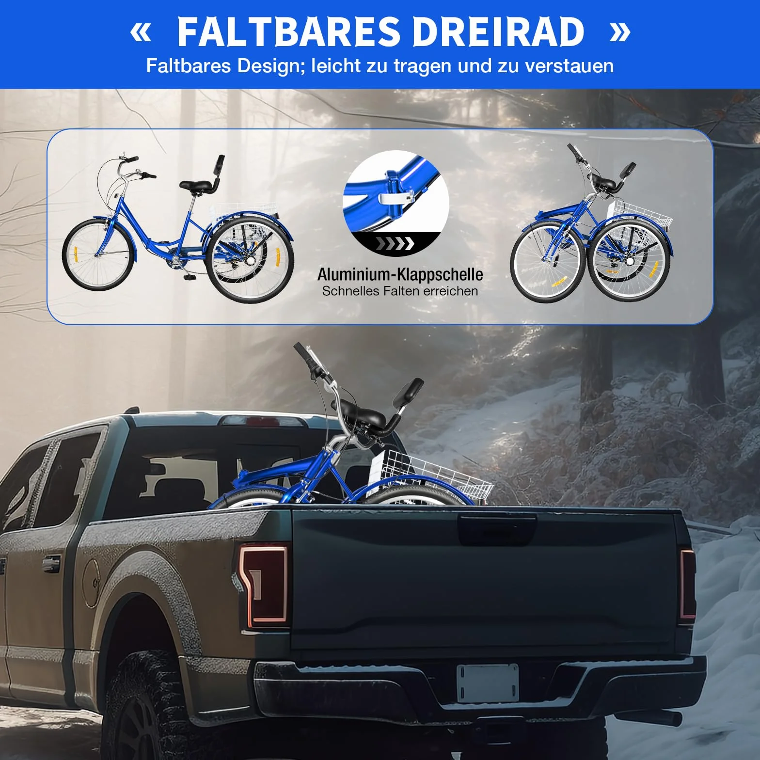 Tricycle pliable pour adulte 24 pouces 7 vitesses - 3 roues - Charge maximale : 120 kg - Vélo de ville - Vélo de trekking - Cruiser - Hauteur réglable - Frein en V - Avec panier de 25 kg - Sonnette