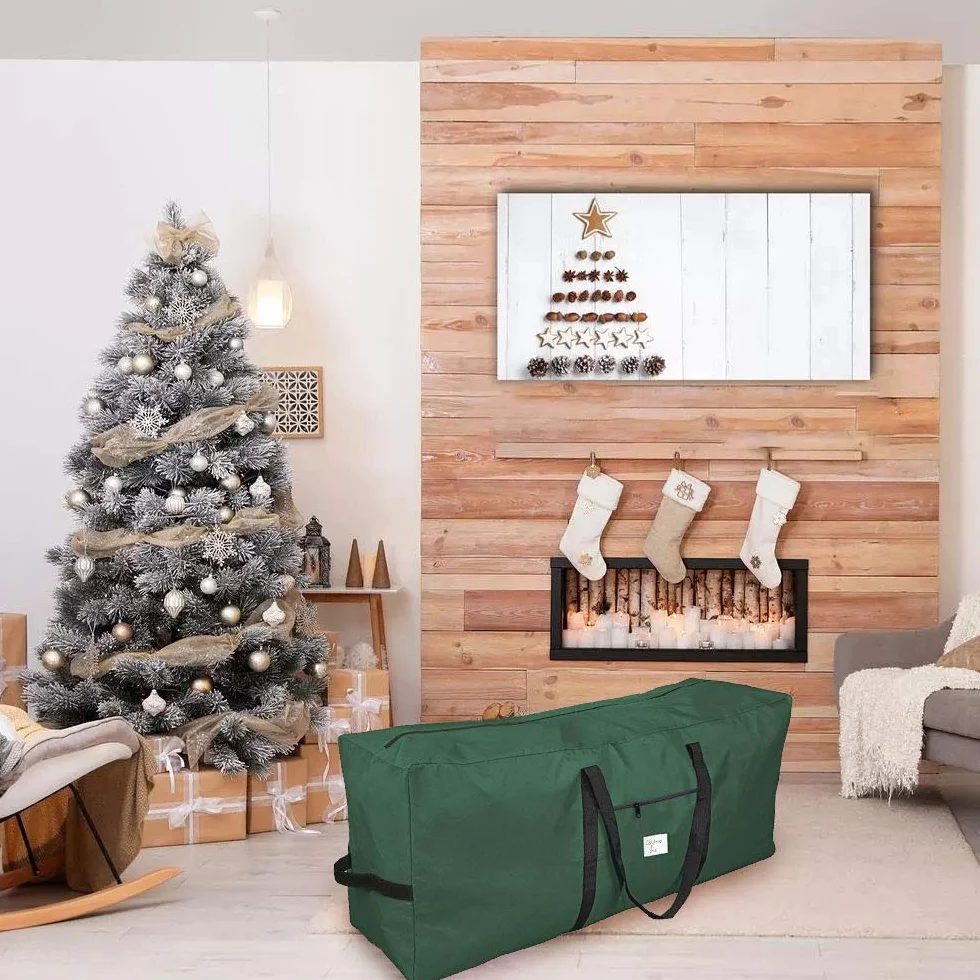 Sac de Rangement Sapin Noël 125 cm Résistant Déchirure Poignée Double Fermeture Glissière Vert